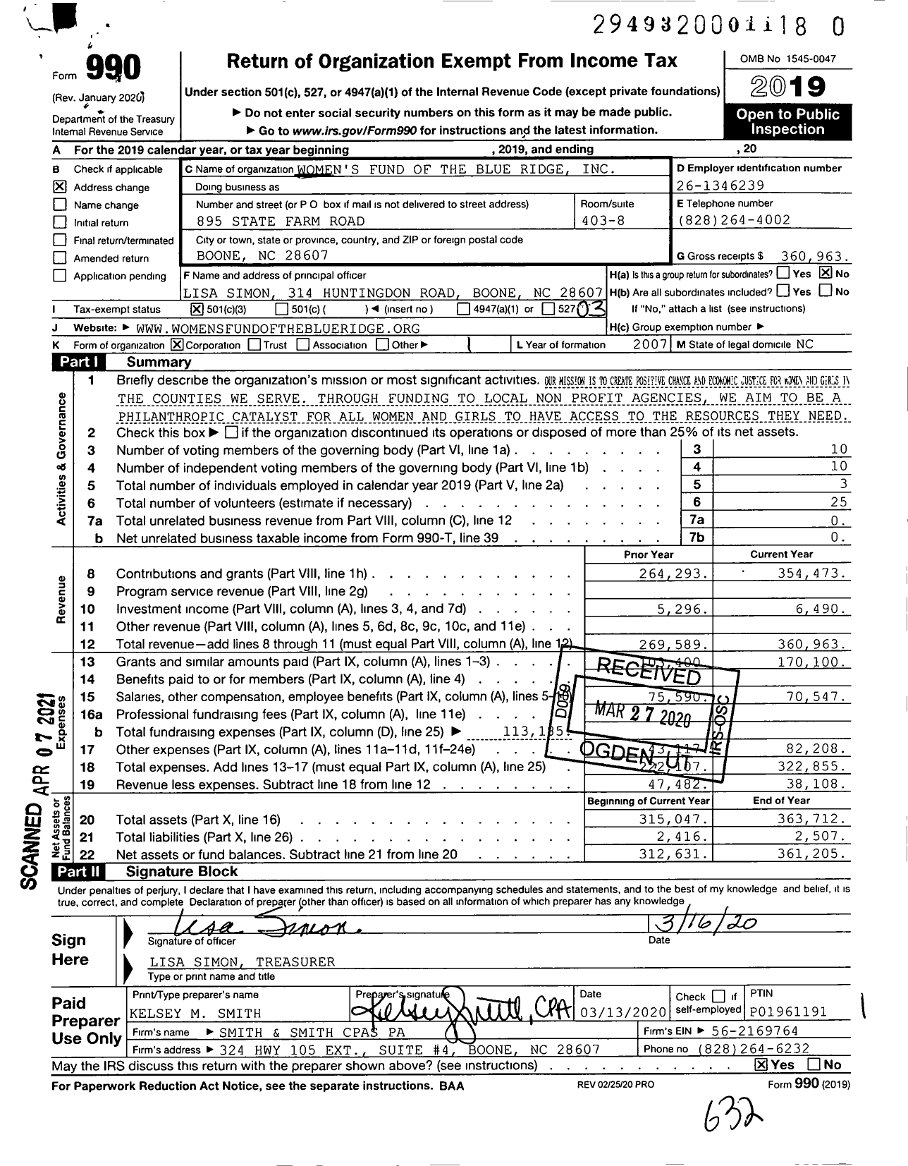 Image of first page of 2019 Form 990 for Womens Fund of the Blue Ridge