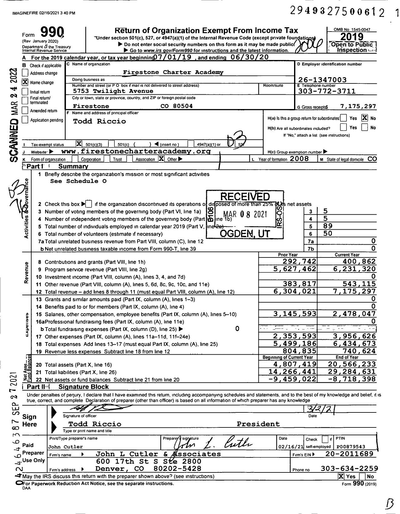 Image of first page of 2019 Form 990 for Imagine Charter School at Firestone