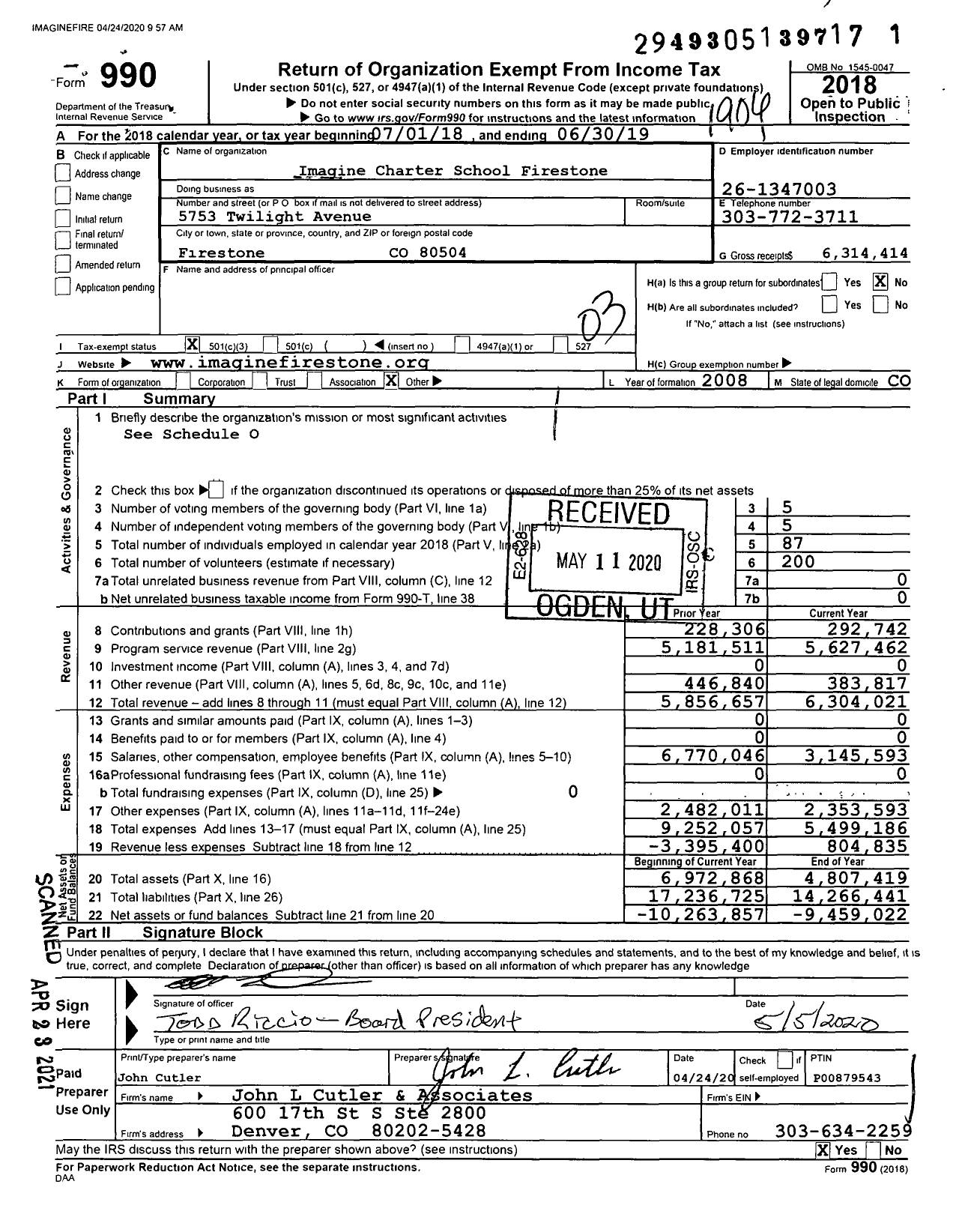 Image of first page of 2018 Form 990 for Imagine Charter School at Firestone