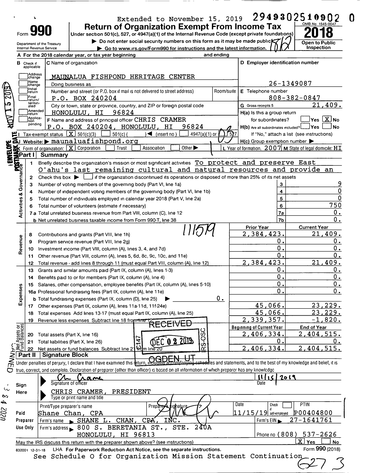 Image of first page of 2018 Form 990 for Maunalua Fishpond Heritage Center