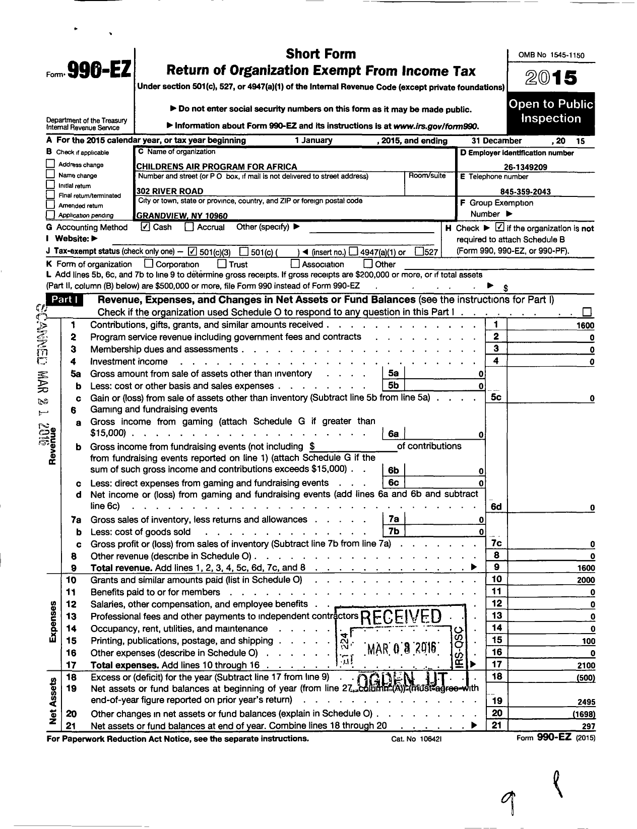 Image of first page of 2015 Form 990EZ for Childrens Aid Program for Africa