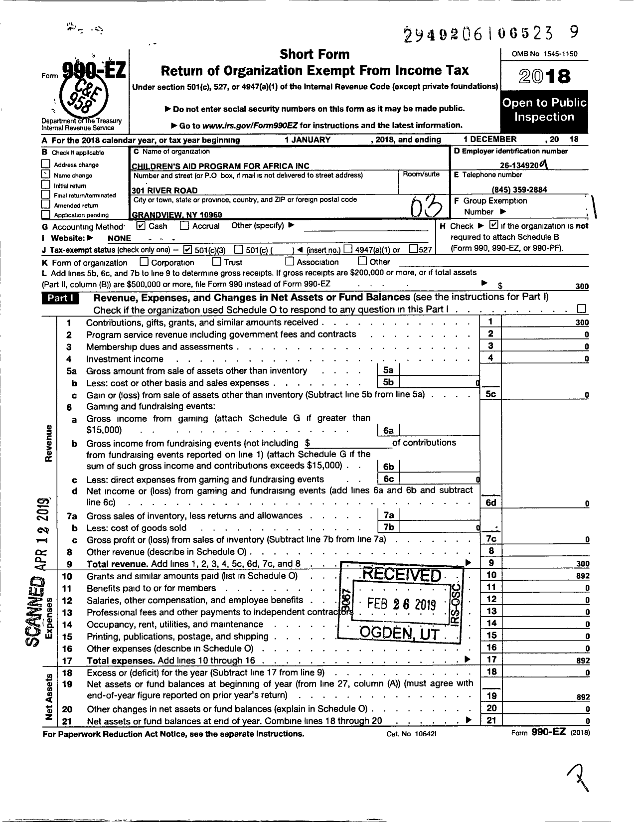 Image of first page of 2018 Form 990EZ for Childrens Aid Program for Africa