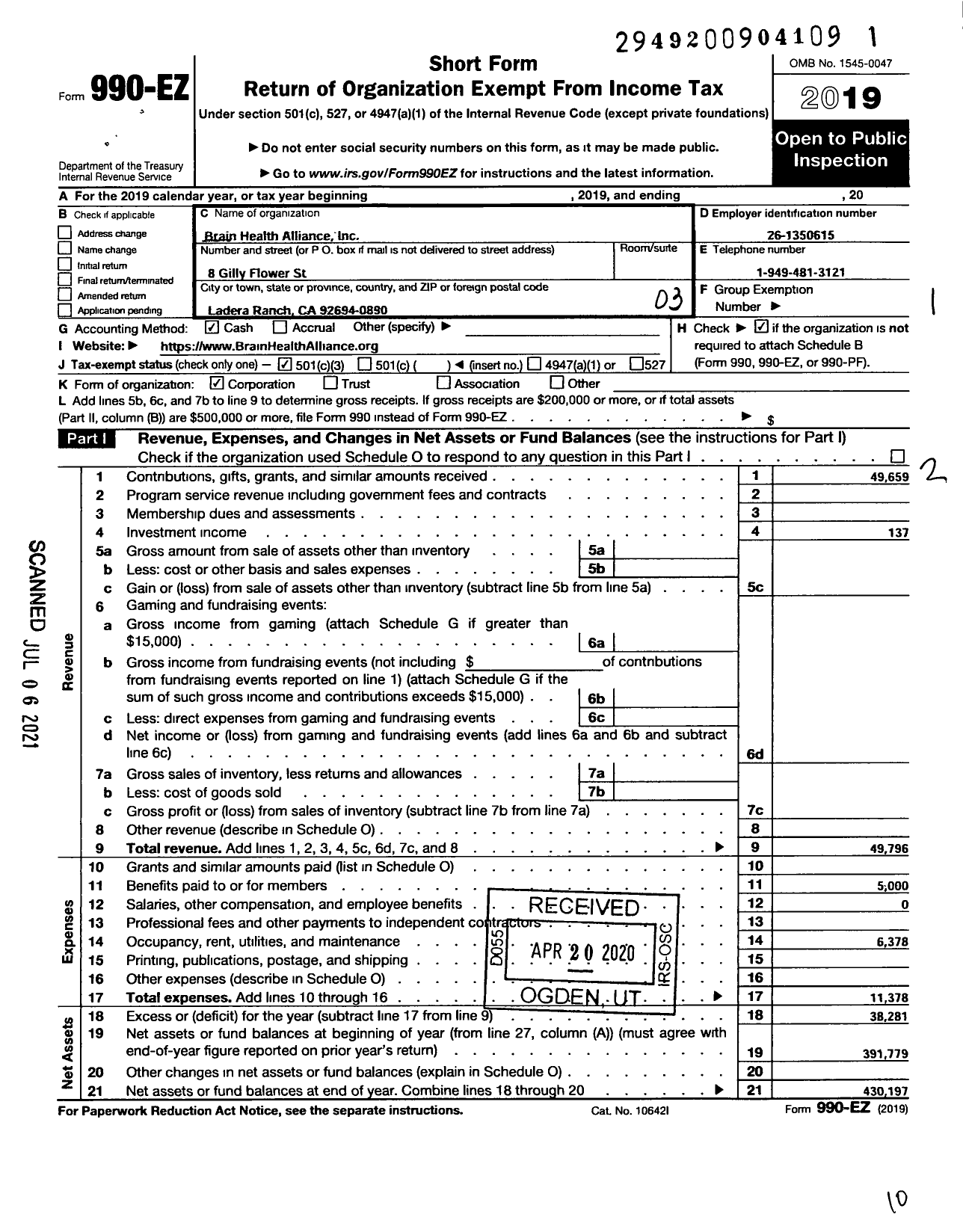 Image of first page of 2019 Form 990EZ for Brain Health Alliance