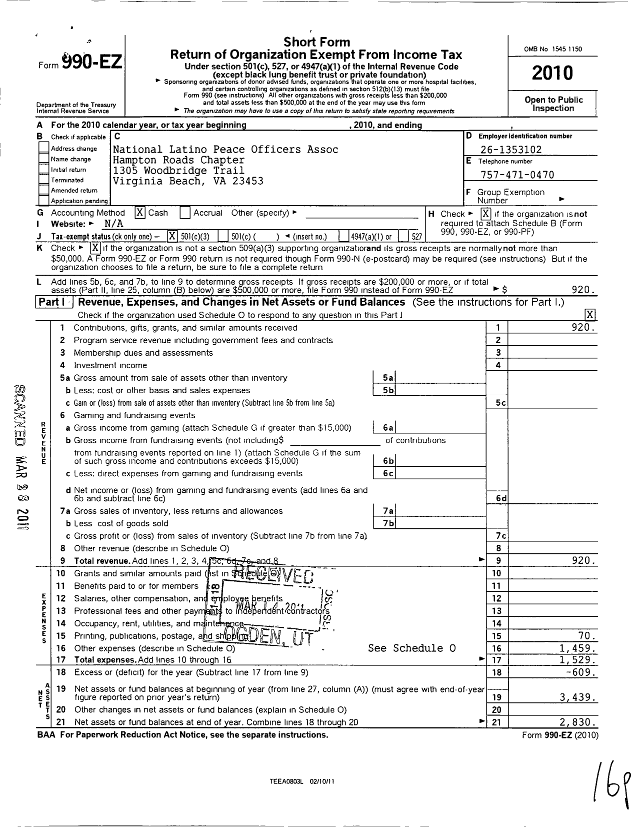 Image of first page of 2010 Form 990EZ for National Latino Peace Officers Assoc