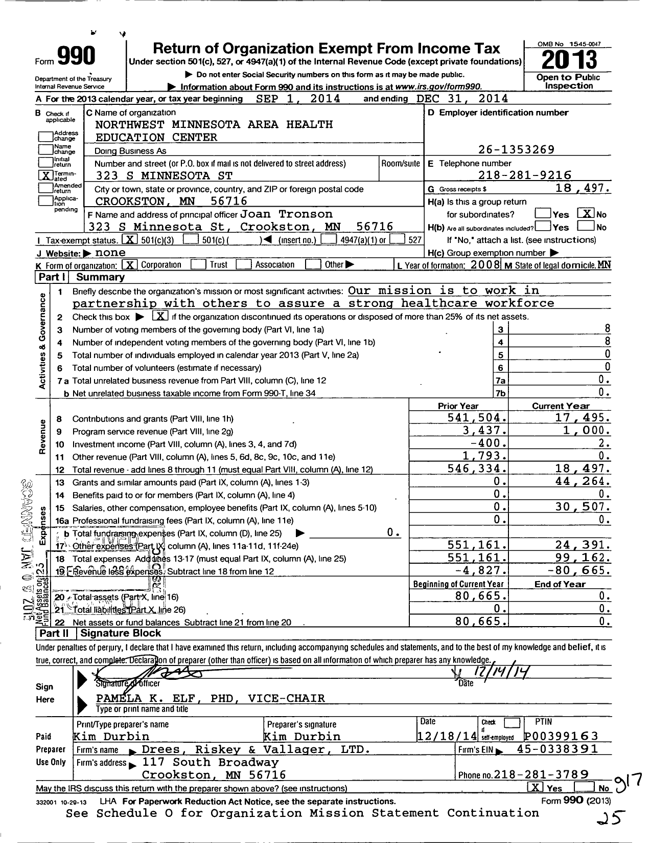 Image of first page of 2014 Form 990 for Northwest Minnesota Area Health Education Center