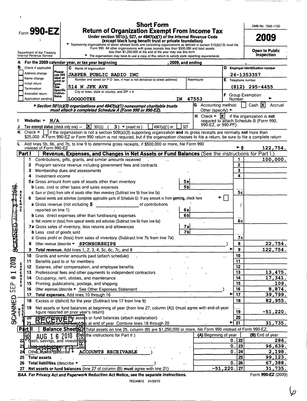 Image of first page of 2009 Form 990EZ for Jasper Public Radio