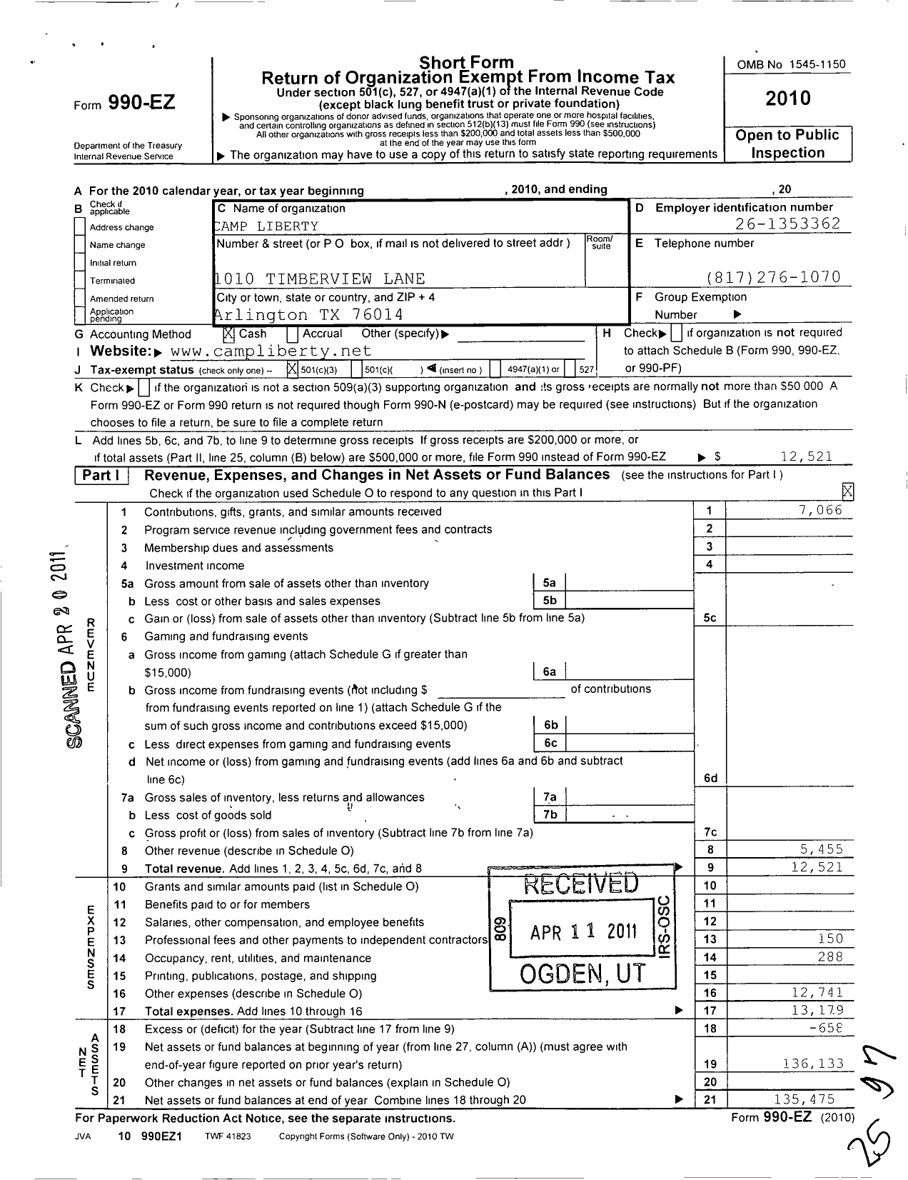 Image of first page of 2010 Form 990EZ for Camp Liberty