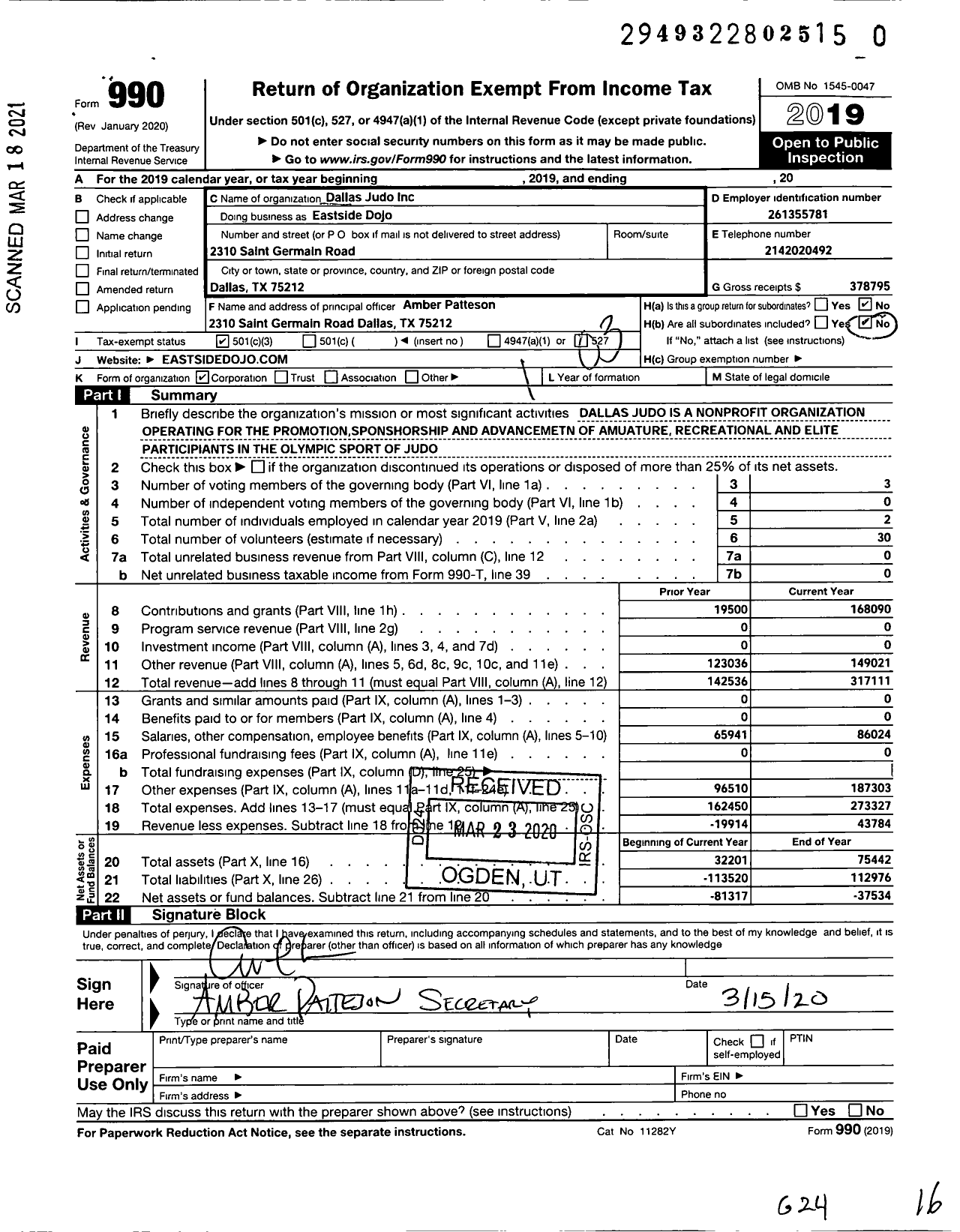 Image of first page of 2019 Form 990 for Eastside Dojo