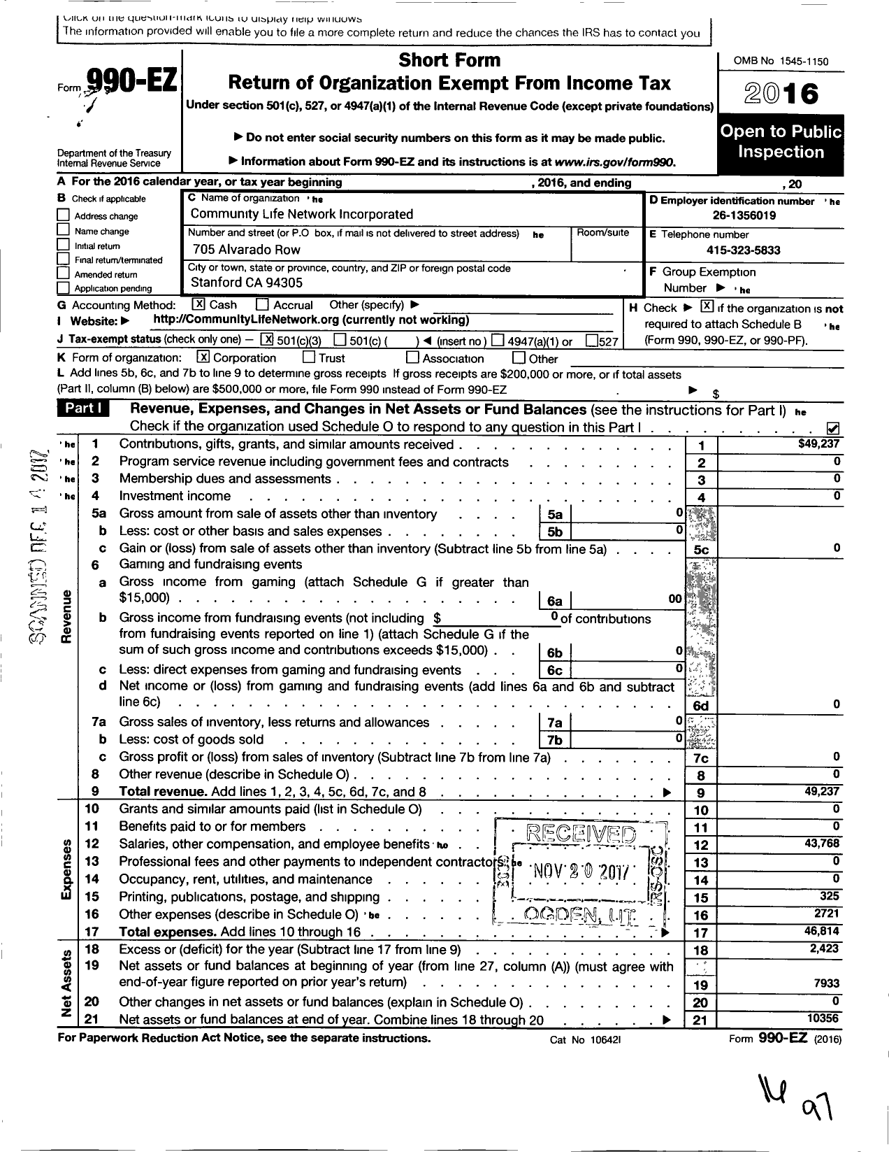 Image of first page of 2016 Form 990EZ for Community Life Network Incorporated