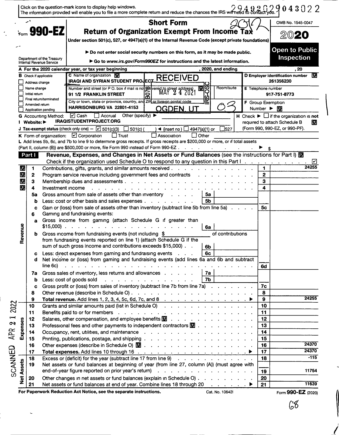 Image of first page of 2020 Form 990EZ for Iraqi Student Project