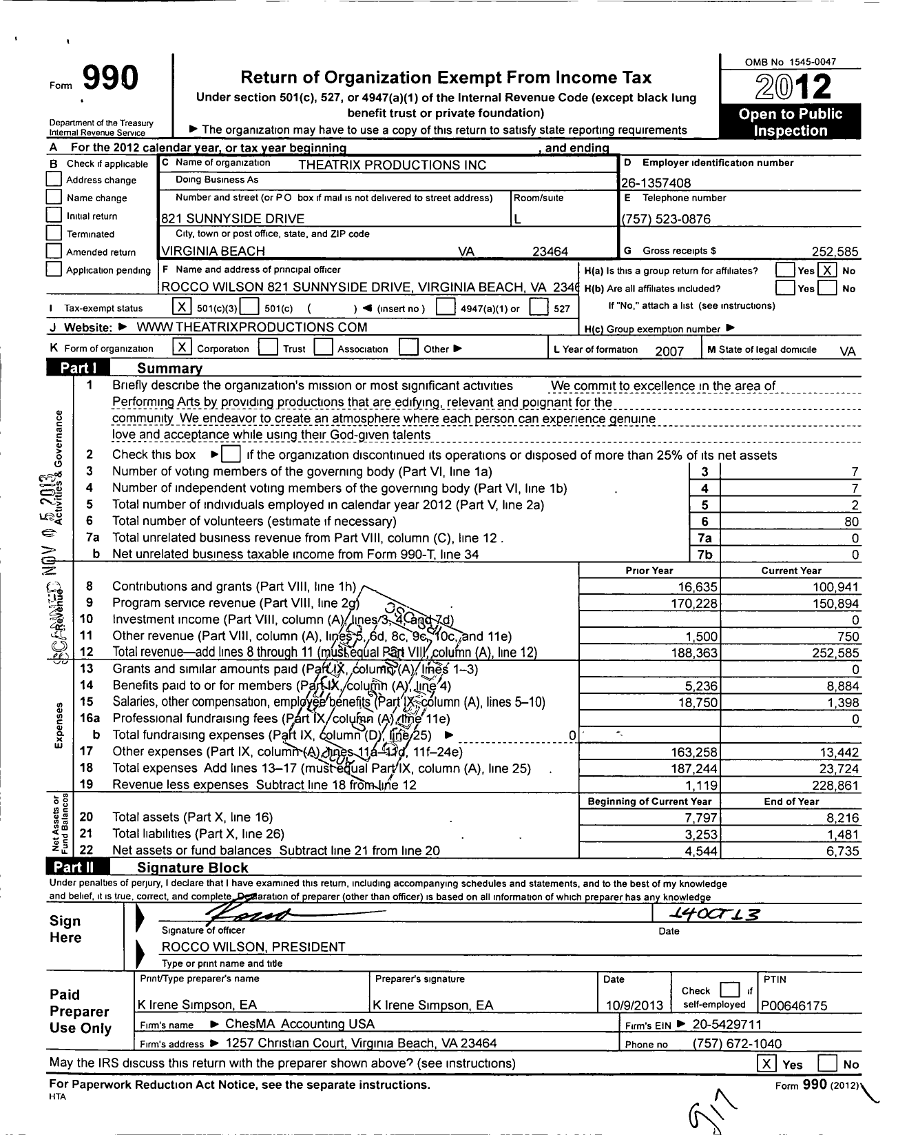 Image of first page of 2012 Form 990 for Theatrix Productions