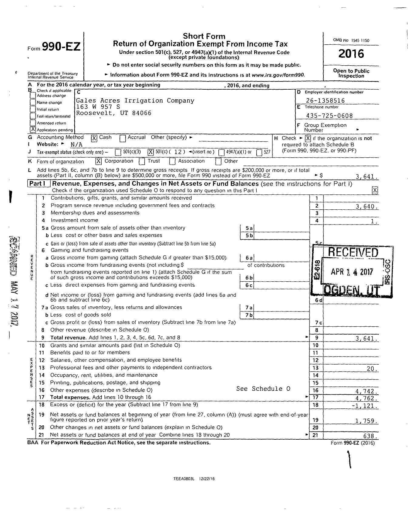 Image of first page of 2016 Form 990EO for Gales Acres Irrigation Company