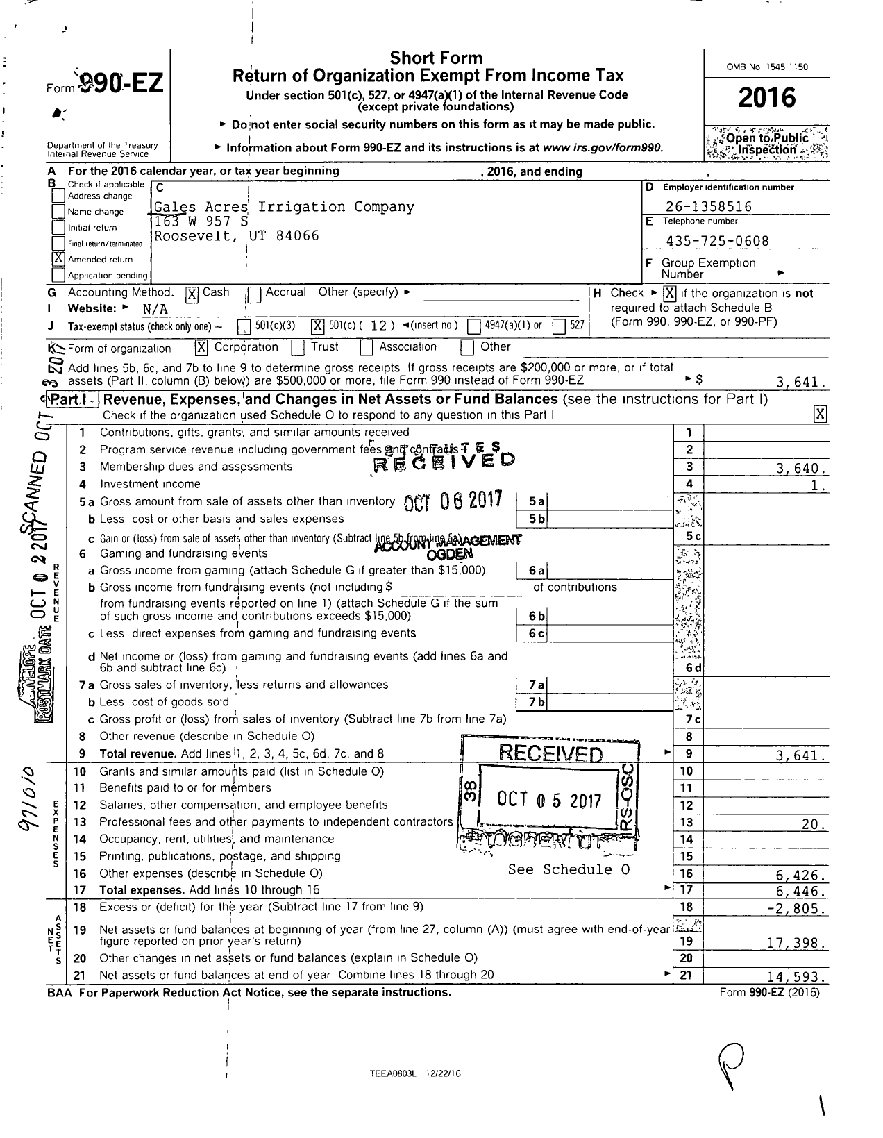 Image of first page of 2016 Form 990EOA for Gales Acres Irrigation Company