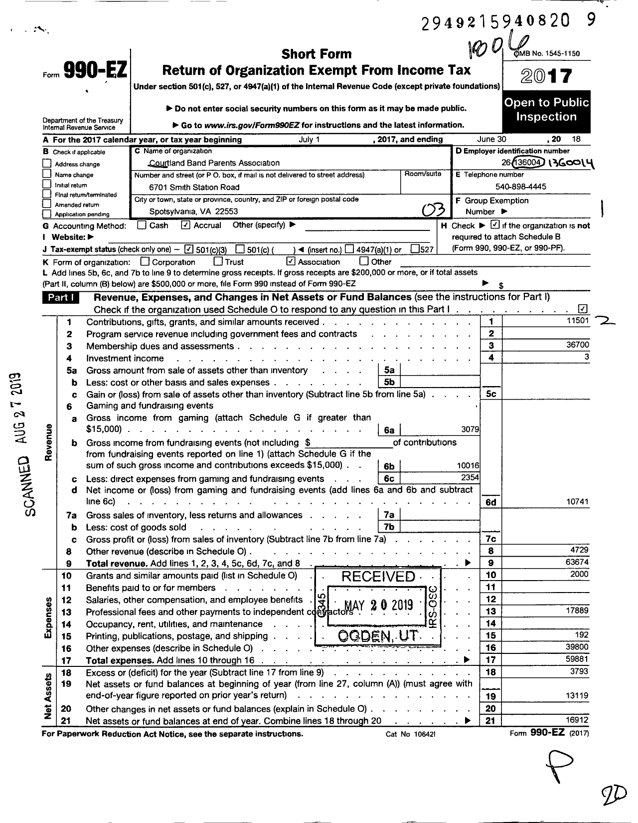 Image of first page of 2017 Form 990EZ for Courtland Band Parents Association