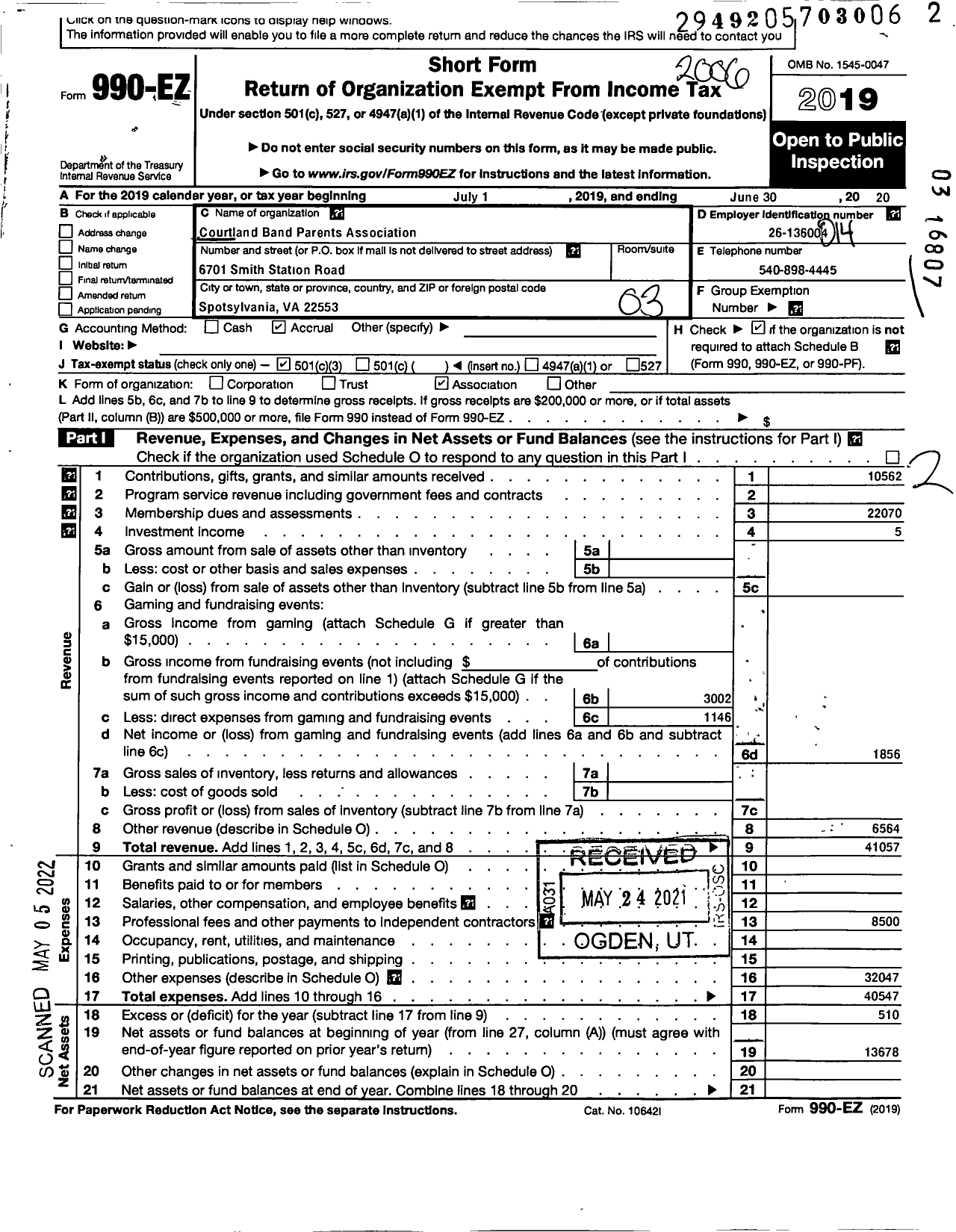 Image of first page of 2019 Form 990EZ for Courtland Band Parents Association