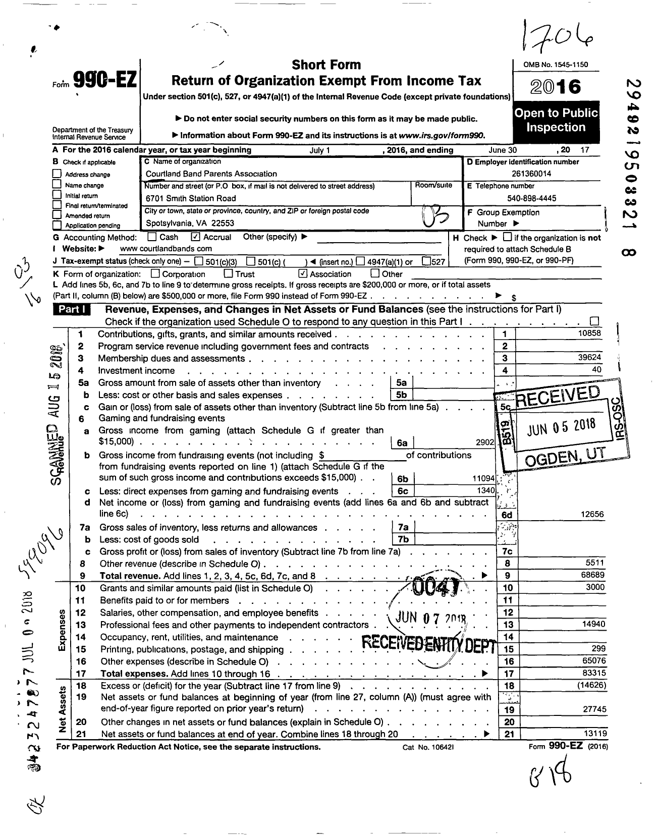 Image of first page of 2016 Form 990EZ for Courtland Band Parents Association