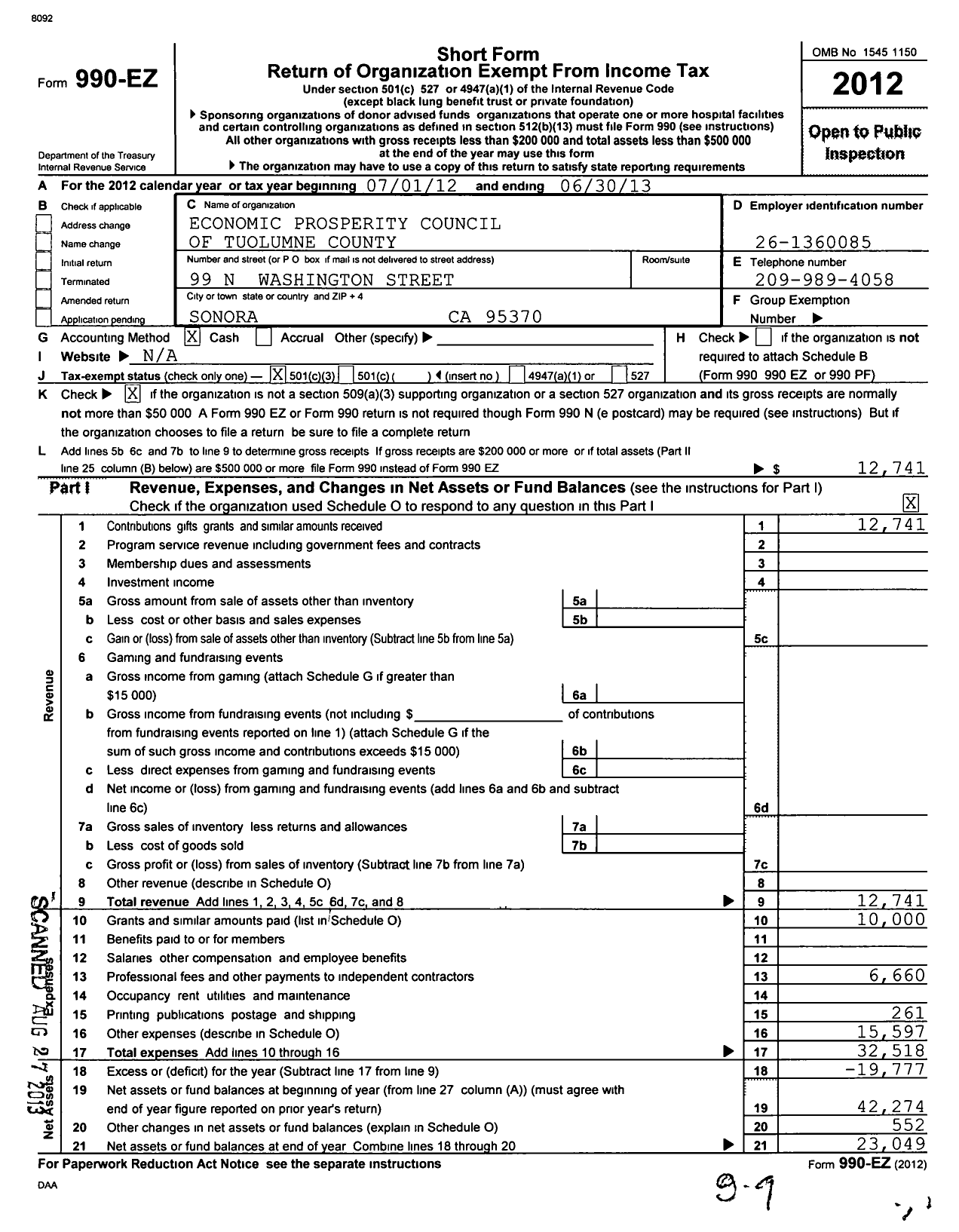 Image of first page of 2012 Form 990EZ for Economic Prosperity Council of Tuolumne County