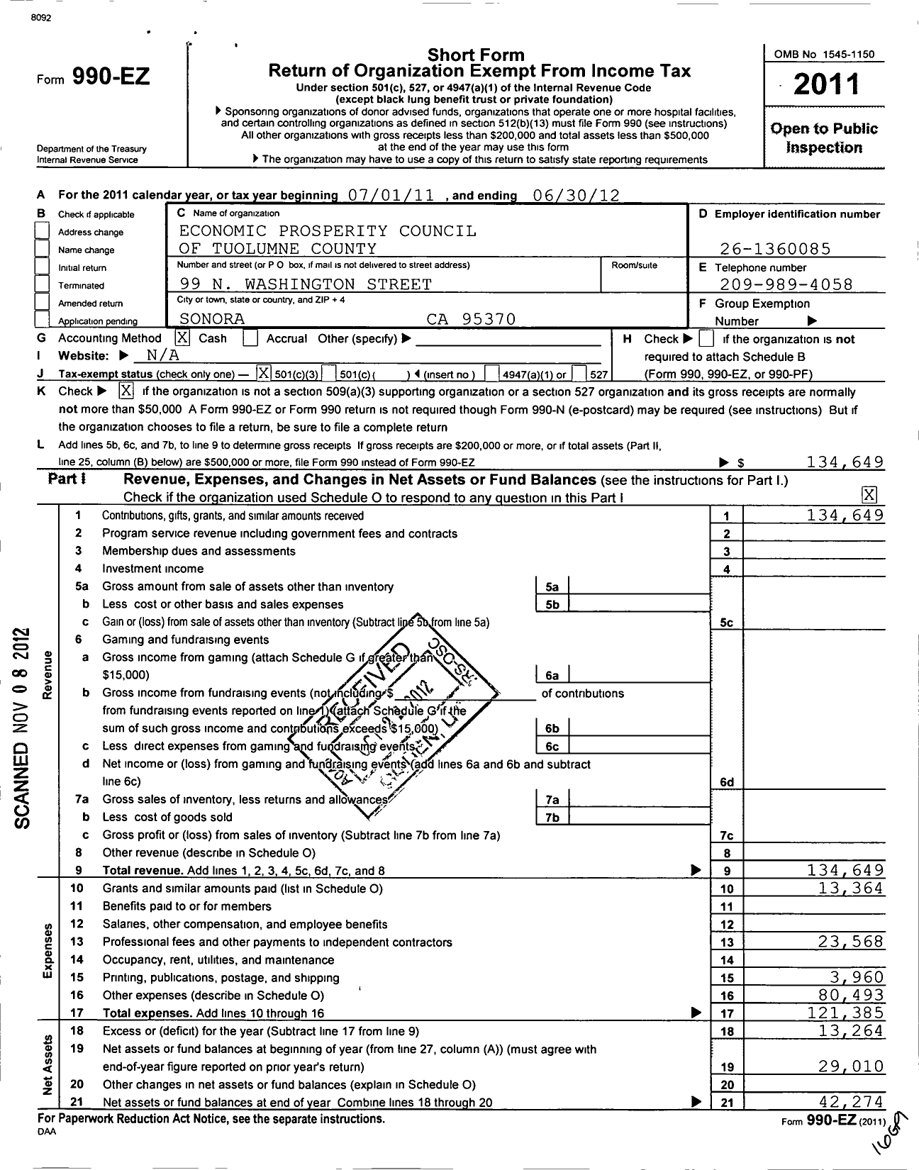 Image of first page of 2011 Form 990EZ for Economic Prosperity Council of Tuolumne County