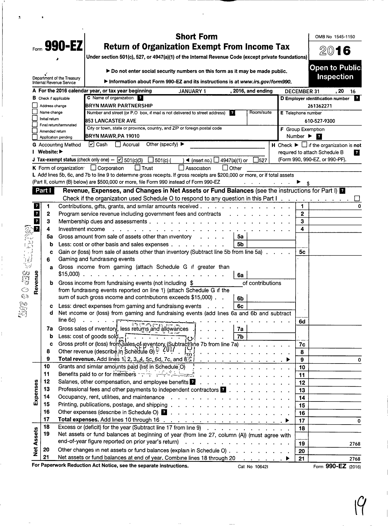 Image of first page of 2016 Form 990EZ for The Bryn Mawr Partnership