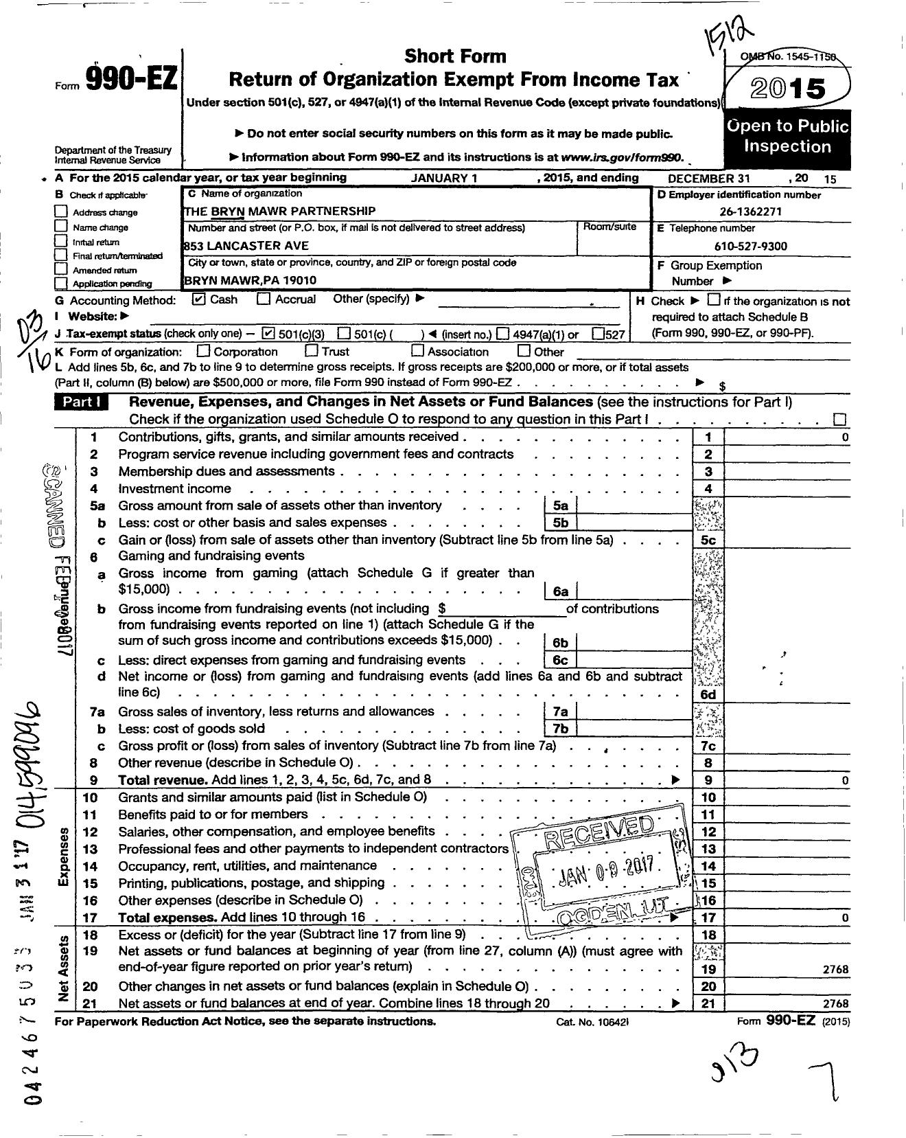 Image of first page of 2015 Form 990EZ for The Bryn Mawr Partnership