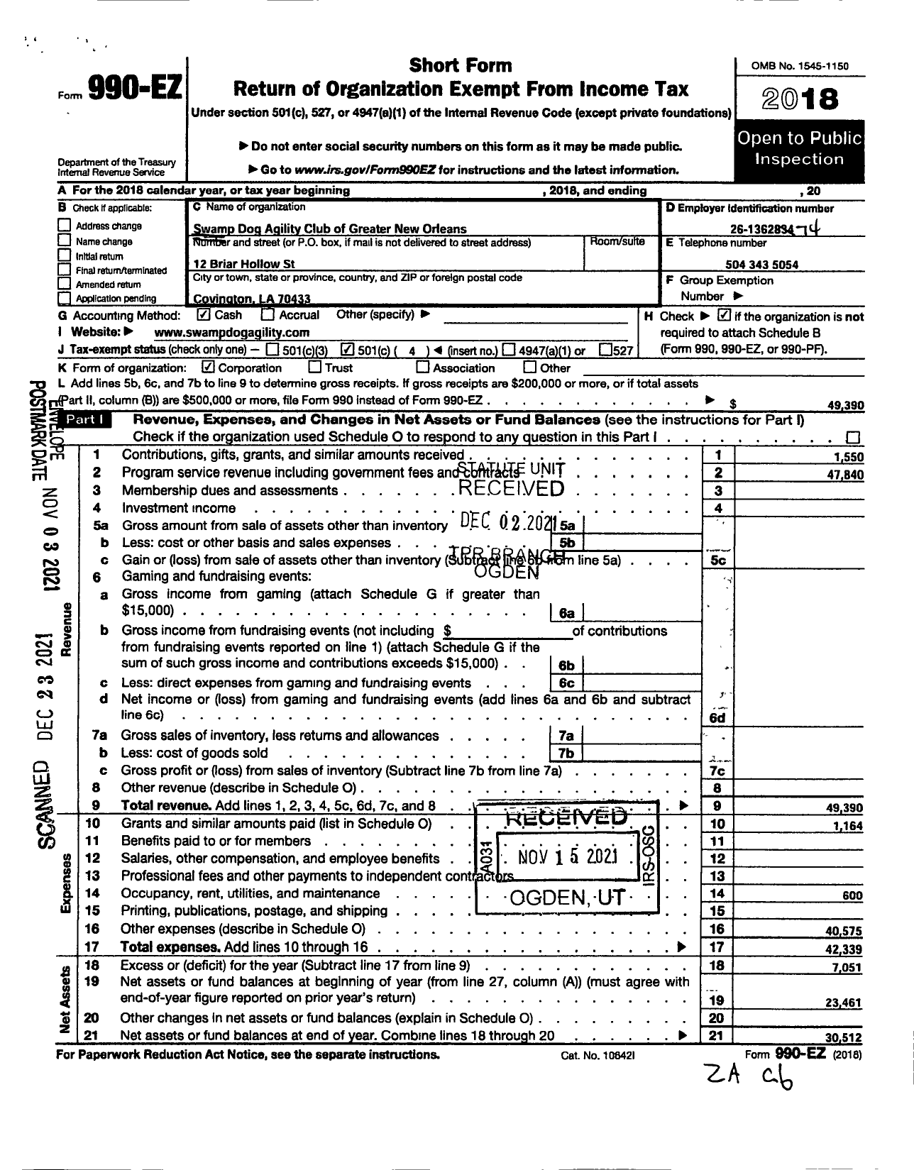 Image of first page of 2018 Form 990EOA for Swamp Dog Agility Club of Greater New Orleans