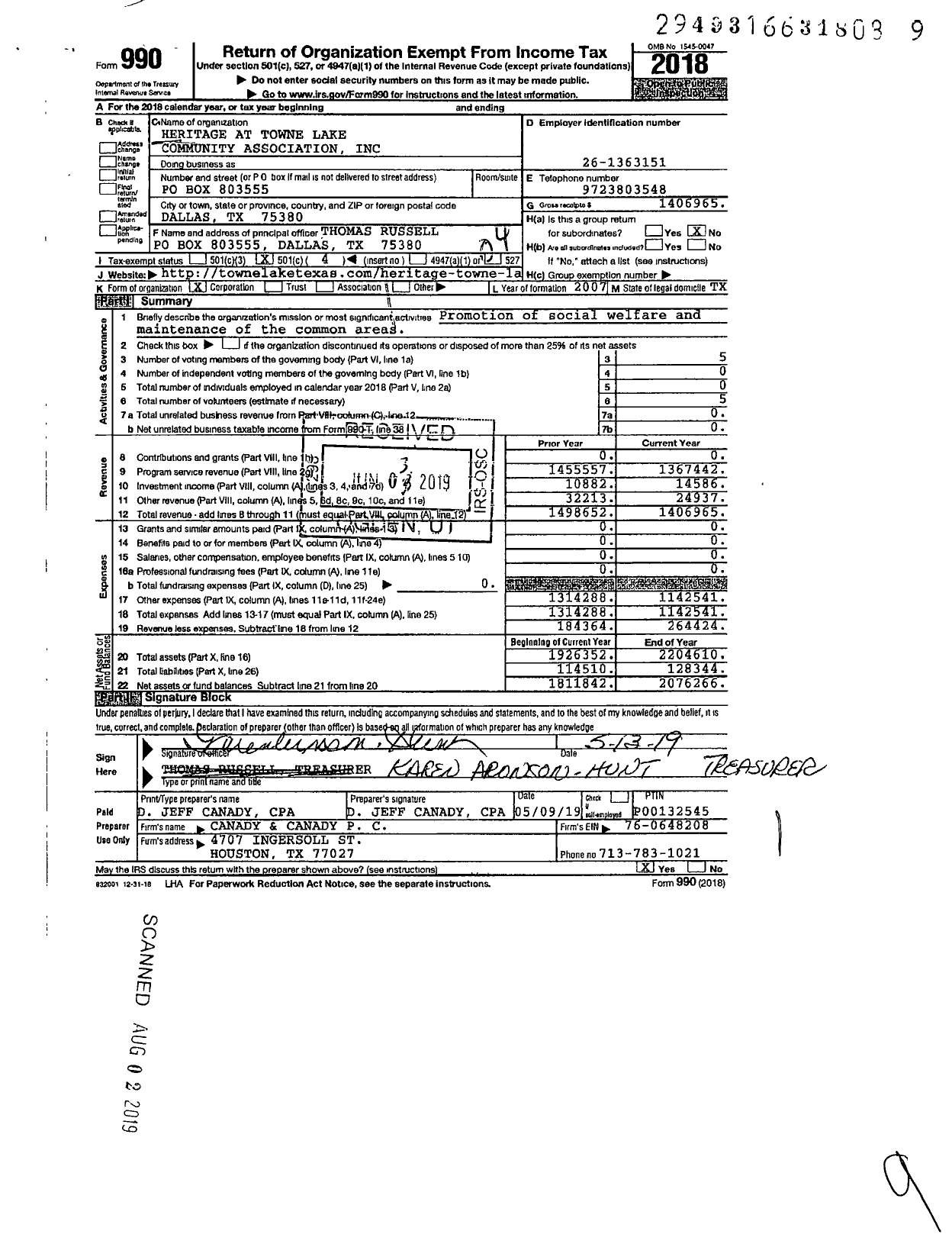 Image of first page of 2018 Form 990O for Htowne Lake Community Association