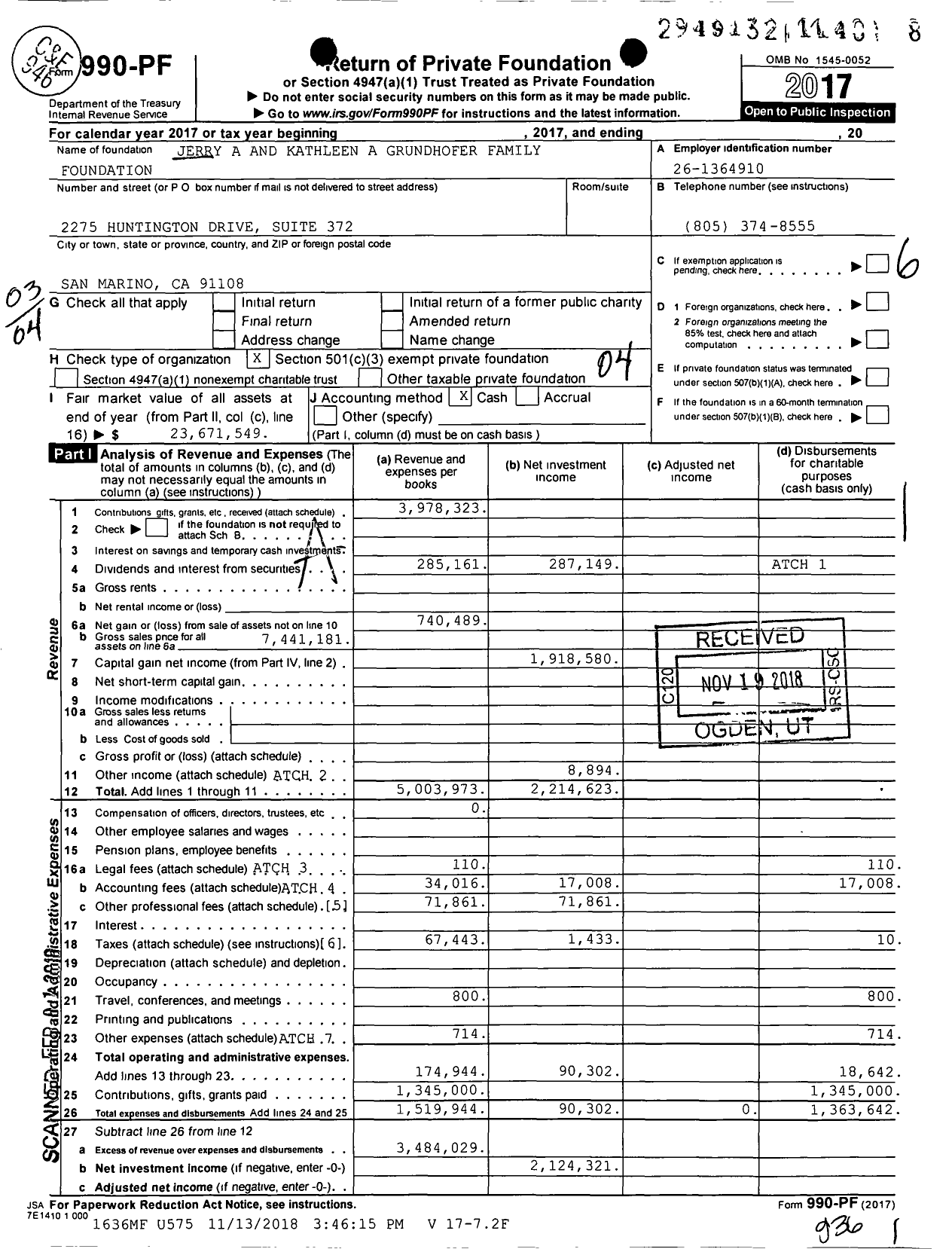 Image of first page of 2017 Form 990PF for Jerry A and Kathleen A Grundhofer Family Foundation