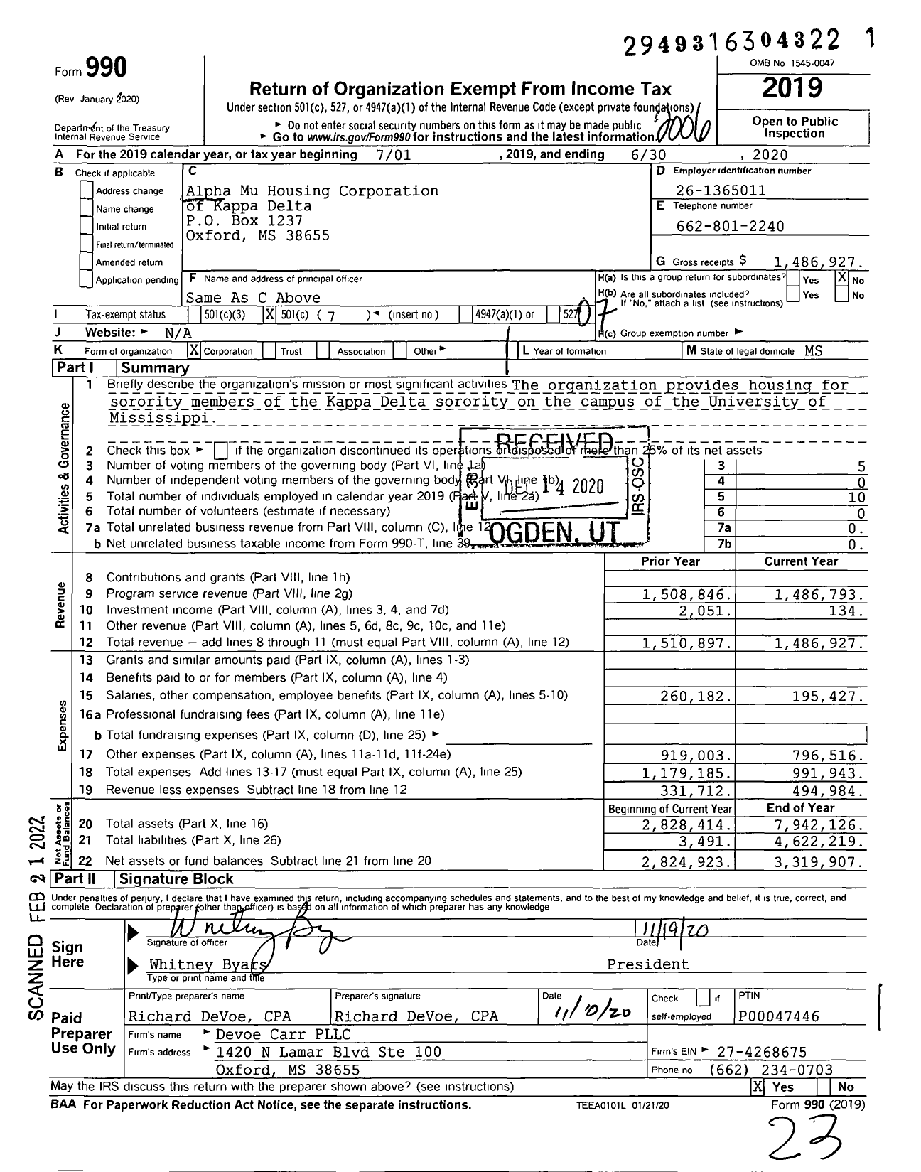 Image of first page of 2019 Form 990O for Alpha Mu Housing Corporation of Kappa Delta