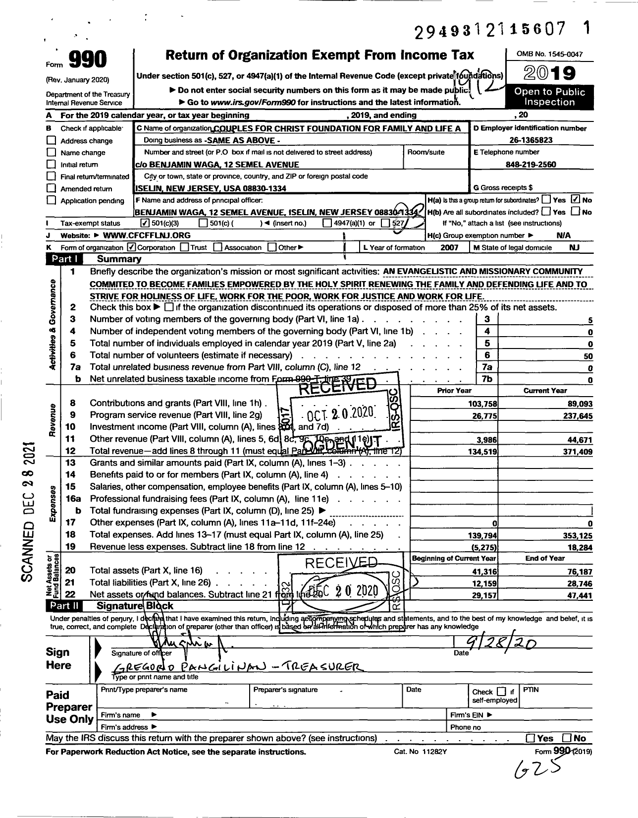 Image of first page of 2019 Form 990 for Missionary Families of Christ A NJ Nonprofit Corporation