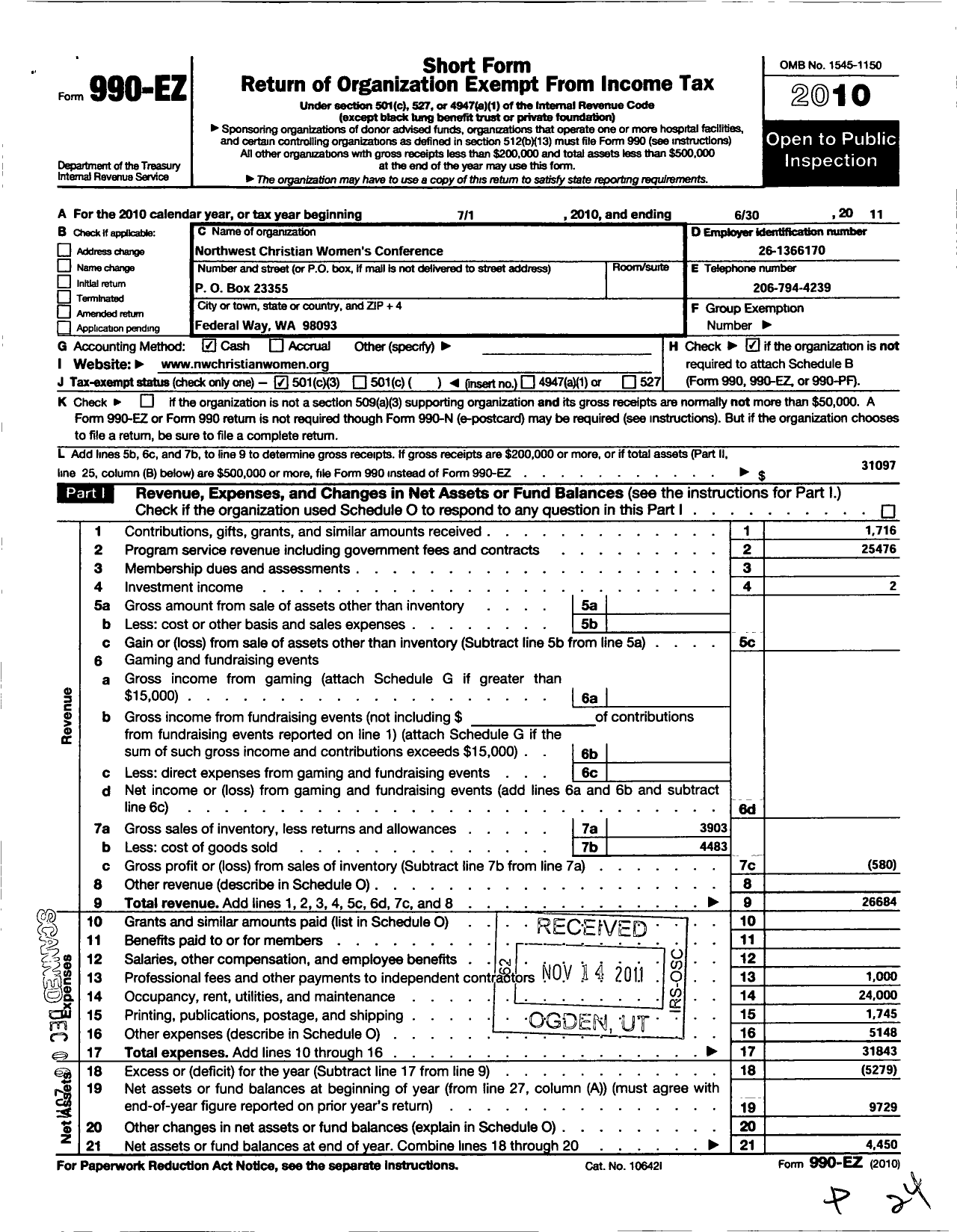 Image of first page of 2010 Form 990EZ for Northwest Christian Womens Conference