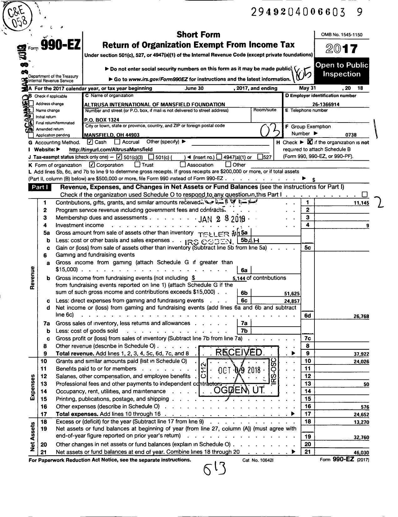 Image of first page of 2017 Form 990EZ for Altrusa International of Mansfield Foundation