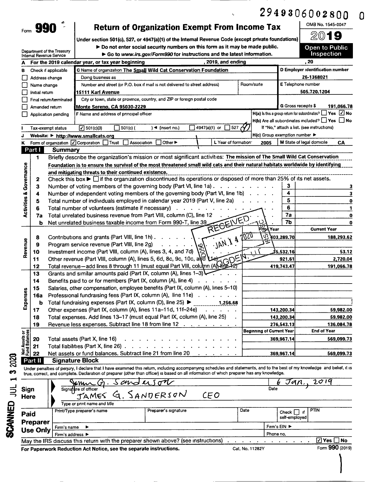 Image of first page of 2019 Form 990 for Small Wild Cat Conservation Foundation