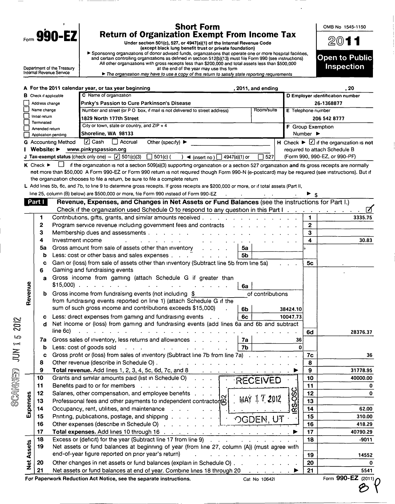 Image of first page of 2011 Form 990EZ for Pinkys Passion for A Parkinsons Cure