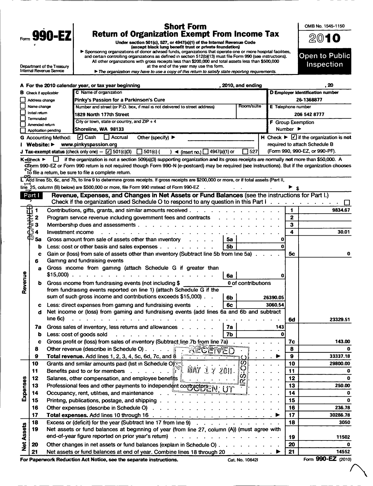 Image of first page of 2010 Form 990EZ for Pinkys Passion for A Parkinsons Cure