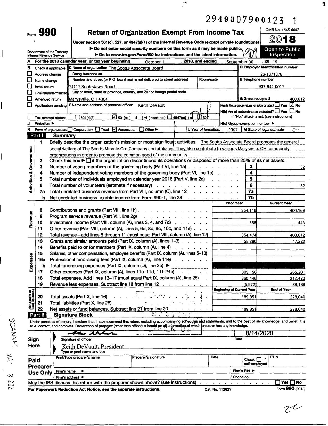 Image of first page of 2018 Form 990O for Scotts Associate Board