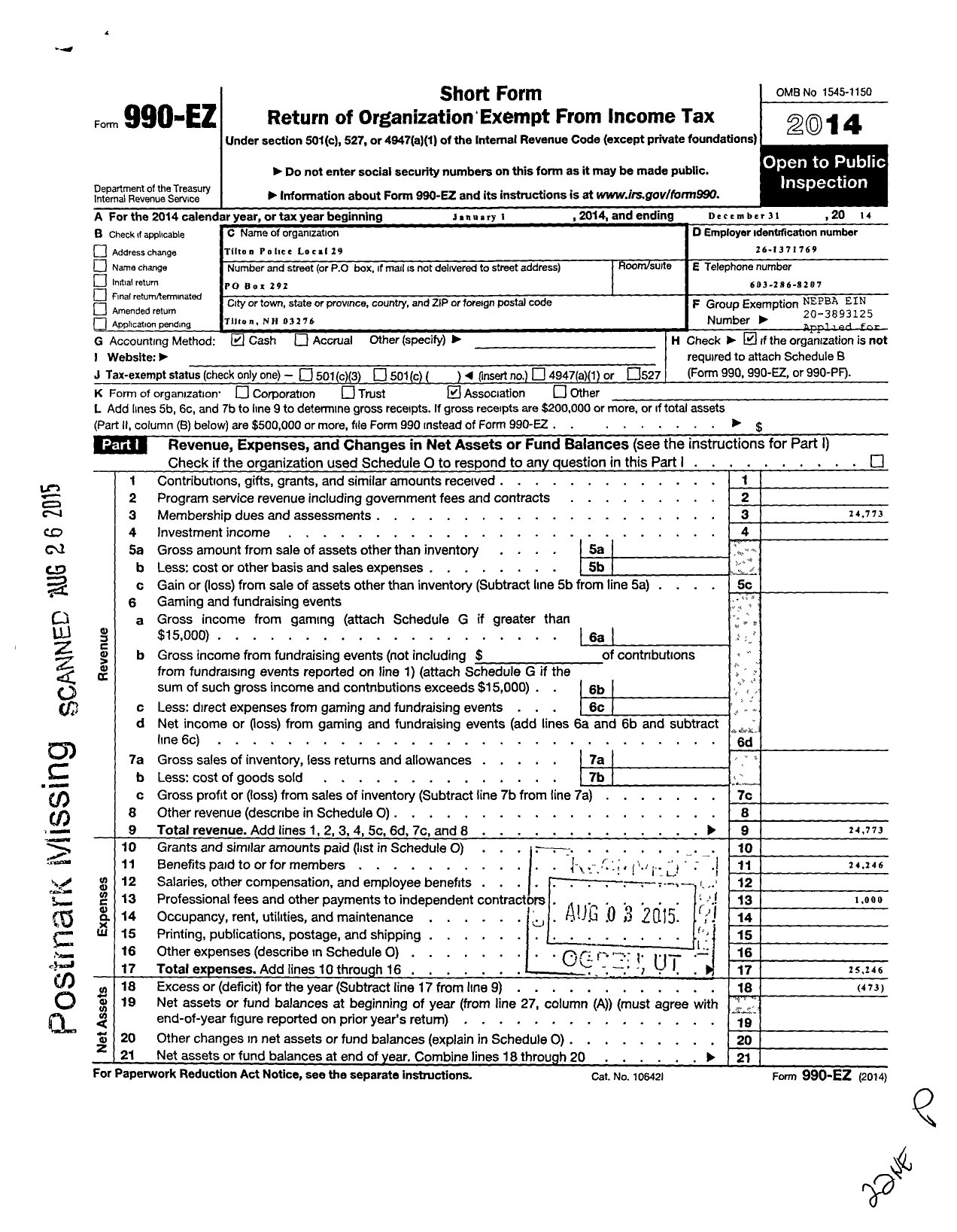 Image of first page of 2014 Form 990EO for New England Police Benevolent Association - Tilton Police Local 29