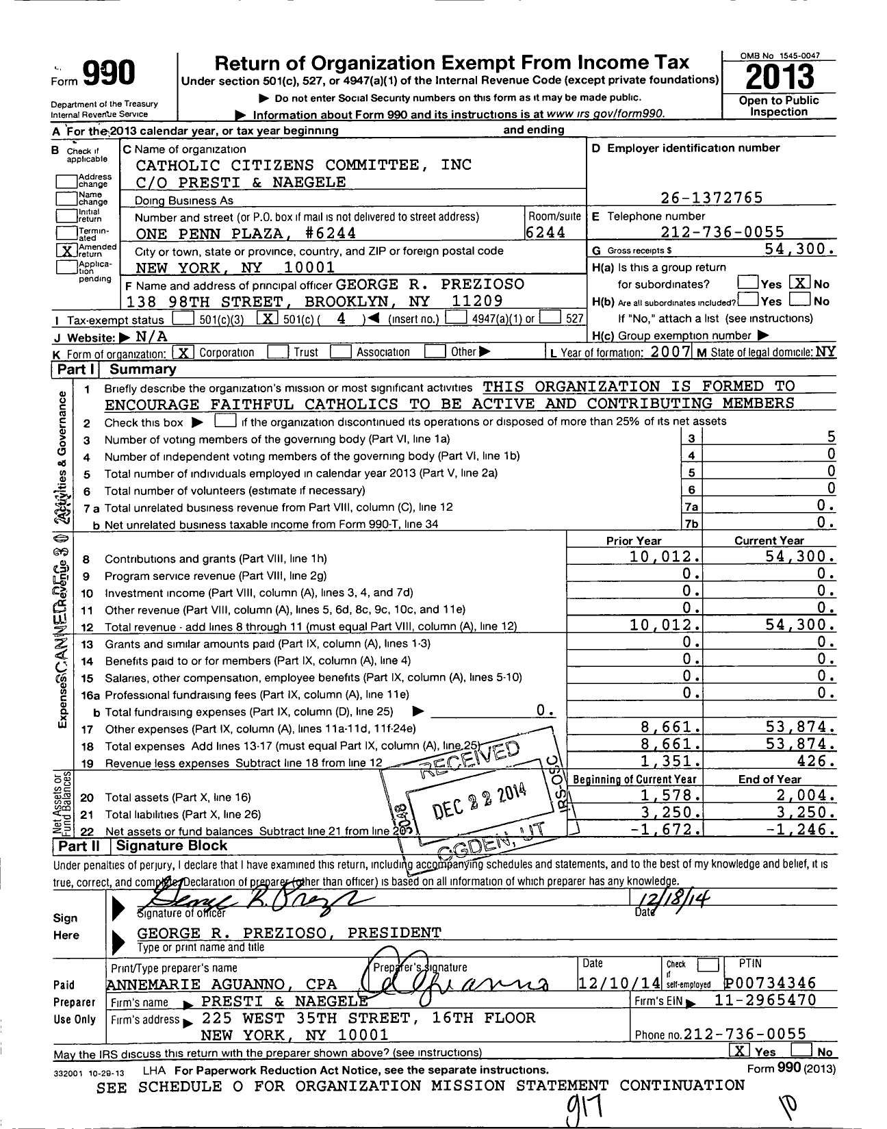 Image of first page of 2013 Form 990O for Catholic Citizens Committee