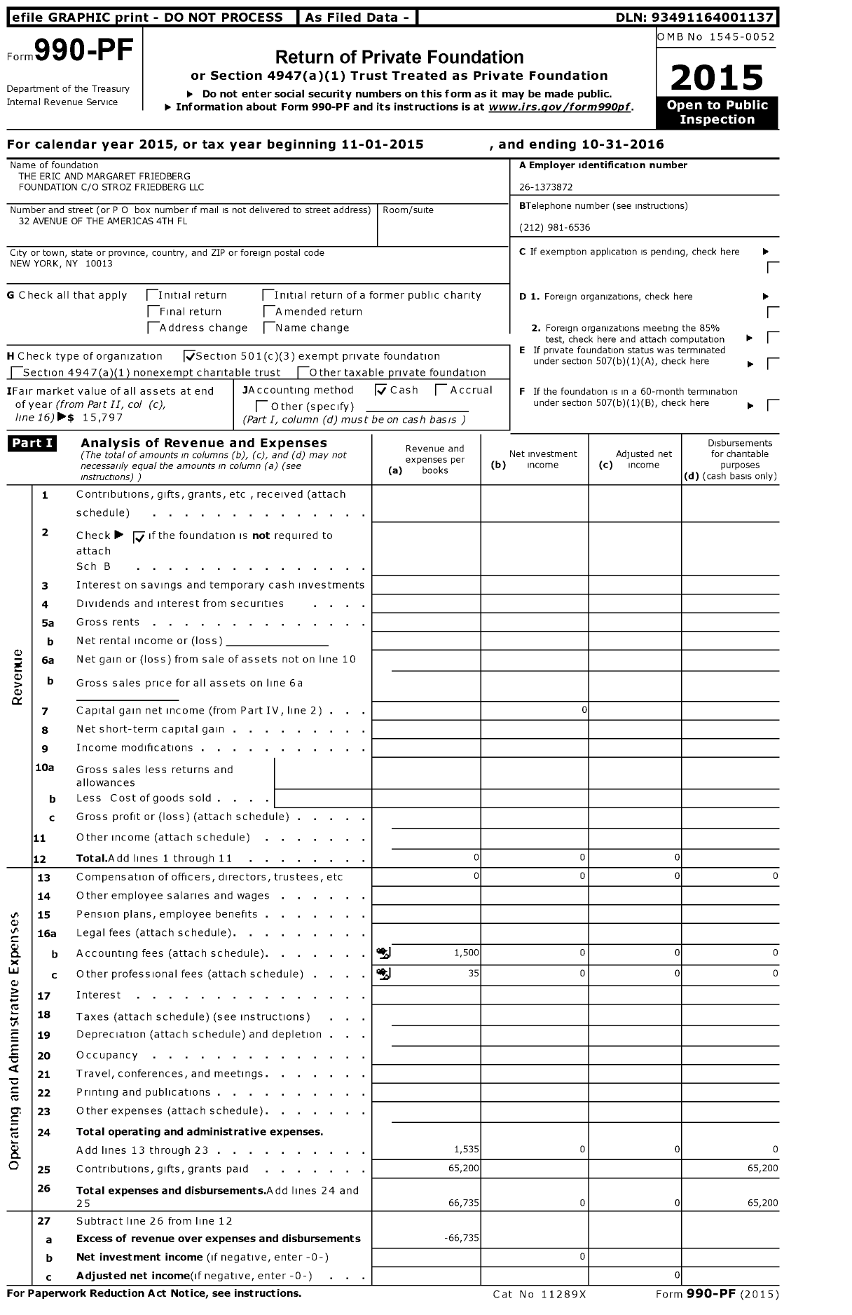 Image of first page of 2015 Form 990PF for The Eric and Margaret Friedberg Foundation