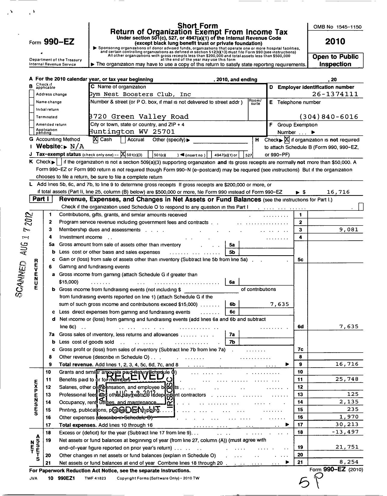 Image of first page of 2010 Form 990EZ for Gym Nest Boosters Club