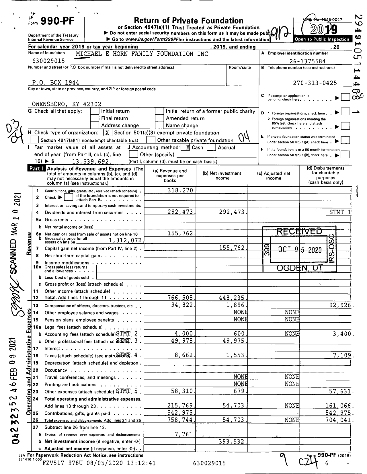 Image of first page of 2019 Form 990PF for Michael E Horn Family Foundation Ima