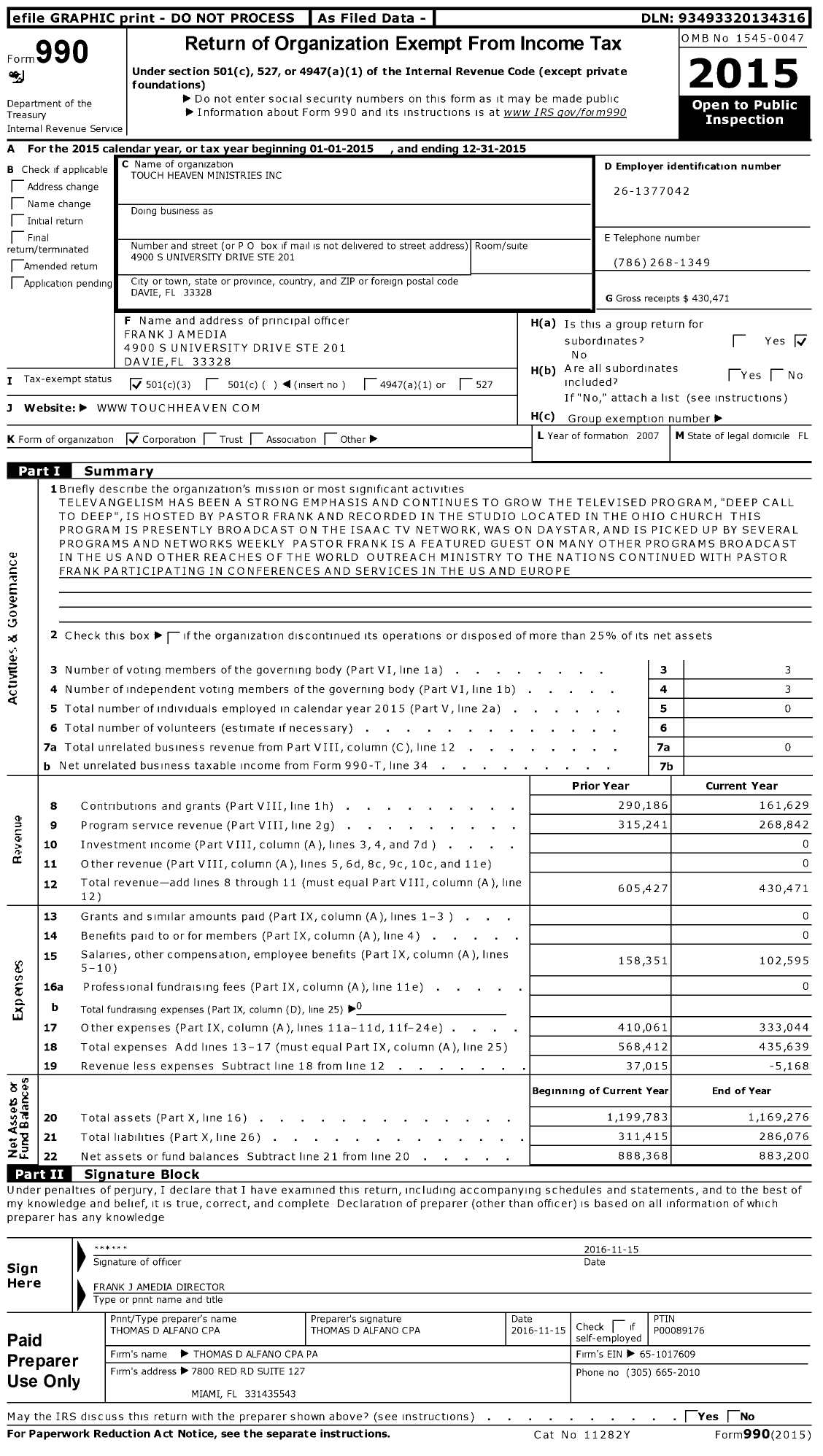 Image of first page of 2015 Form 990 for Touch Heaven Ministries