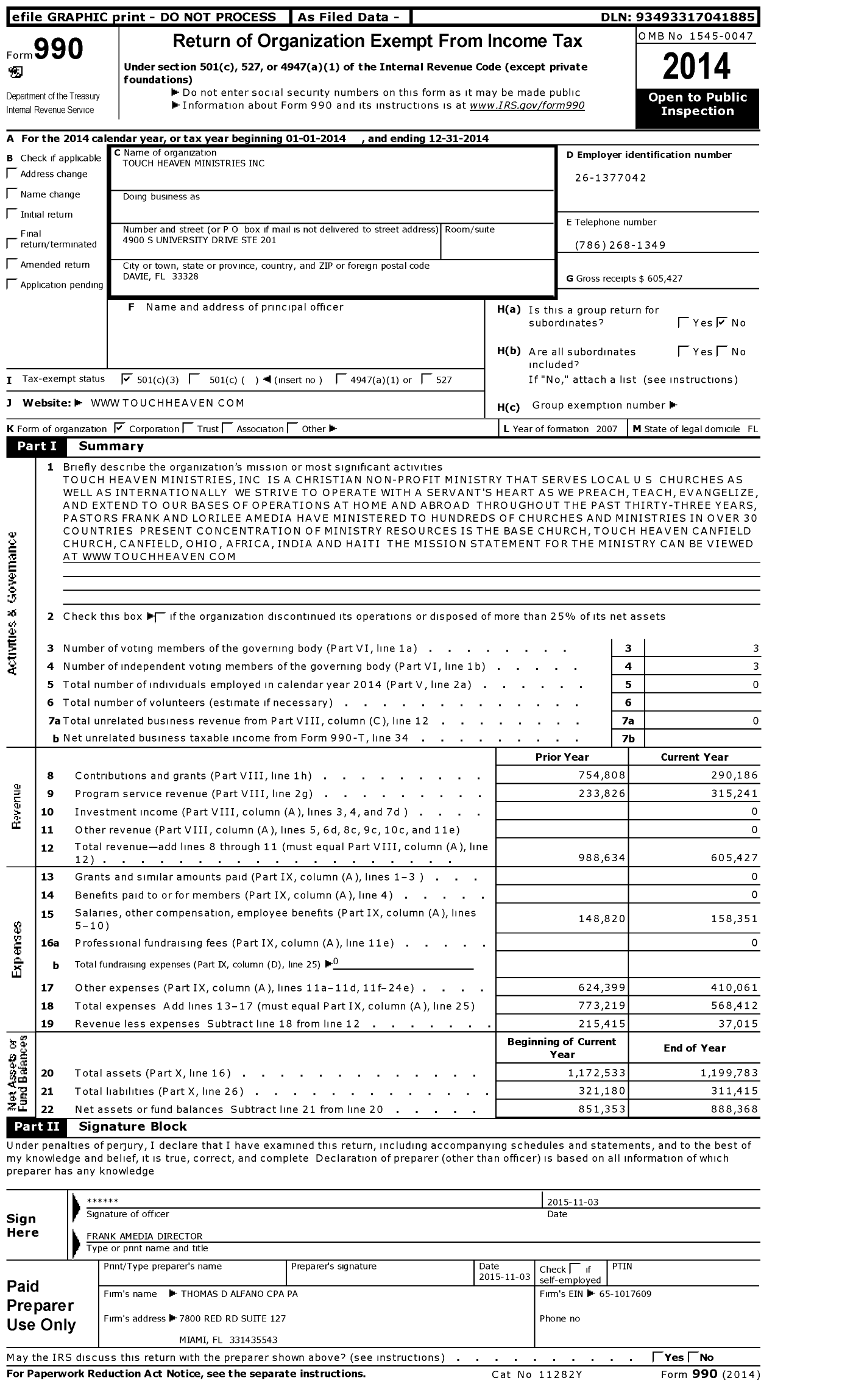 Image of first page of 2014 Form 990 for Touch Heaven Ministries