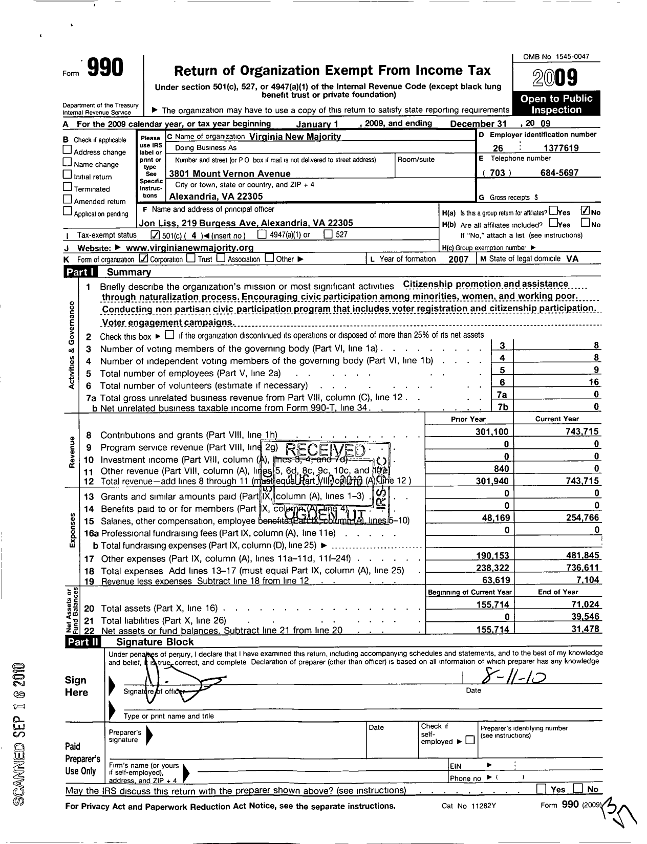 Image of first page of 2009 Form 990O for New Virginia Majority