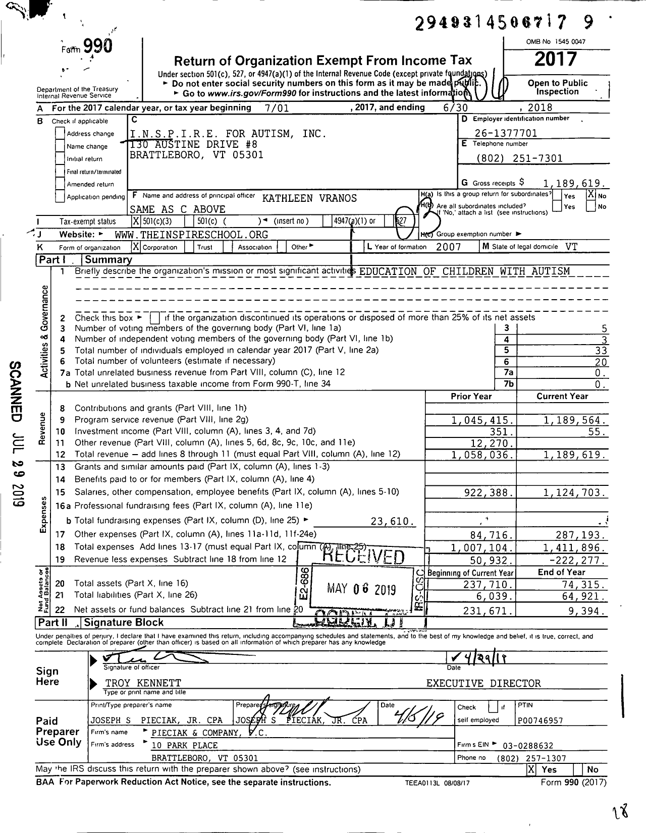 Image of first page of 2017 Form 990 for INSPIRE for Autism