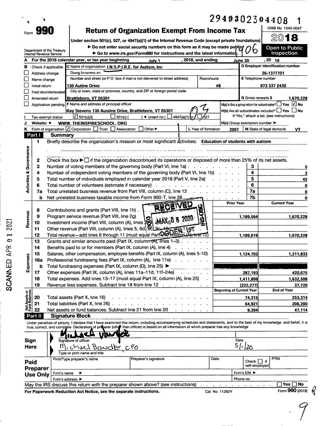 Image of first page of 2018 Form 990 for INSPIRE for Autism