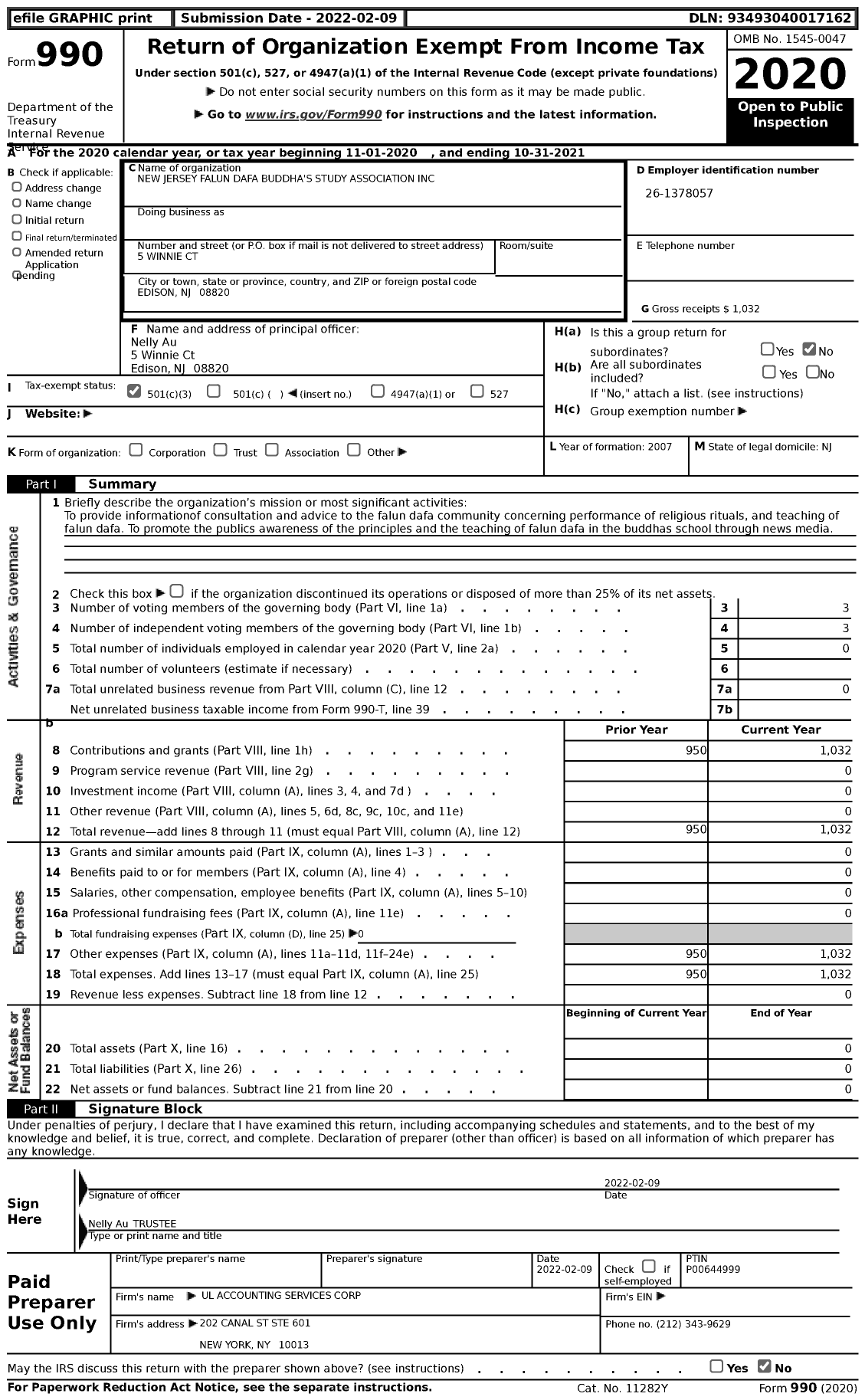 Image of first page of 2020 Form 990 for New Jersey Falun Dafa Buddha's Study Association