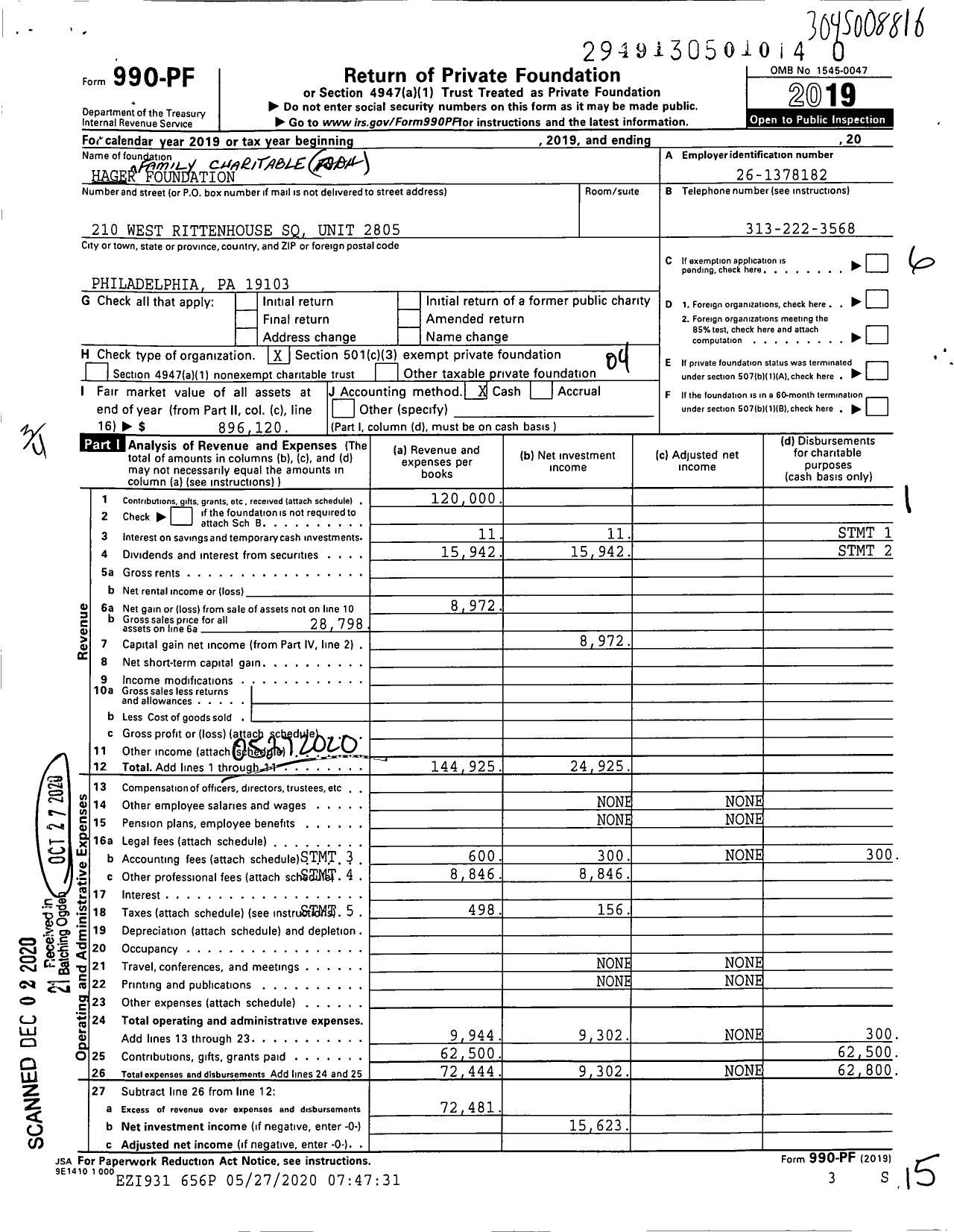 Image of first page of 2019 Form 990PF for Hager Foundation