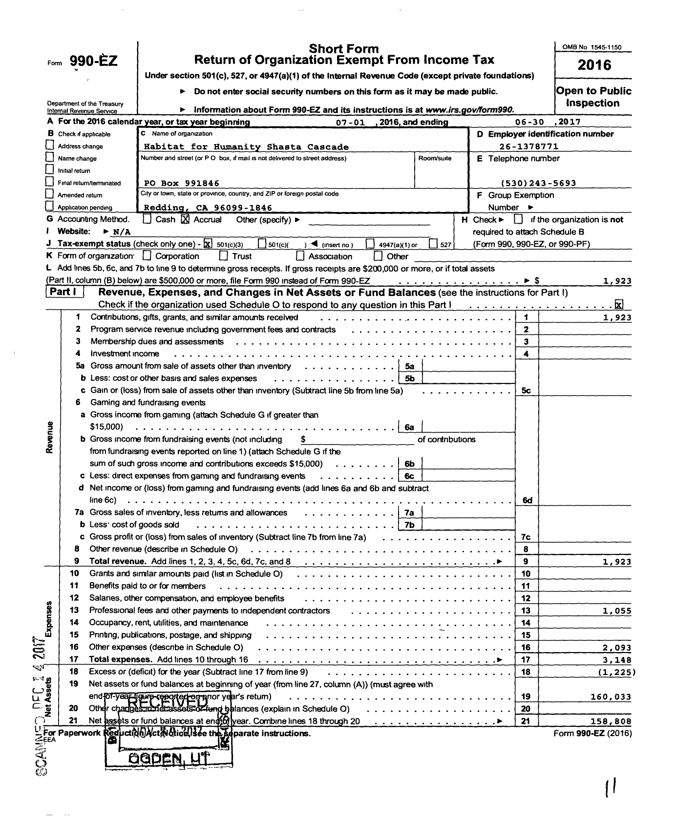 Image of first page of 2016 Form 990EZ for Habitat for Humanity Shasta Cascade