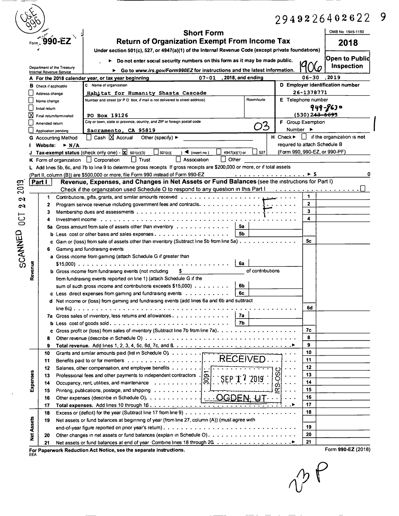 Image of first page of 2018 Form 990EZ for Habitat for Humanity Shasta Cascade