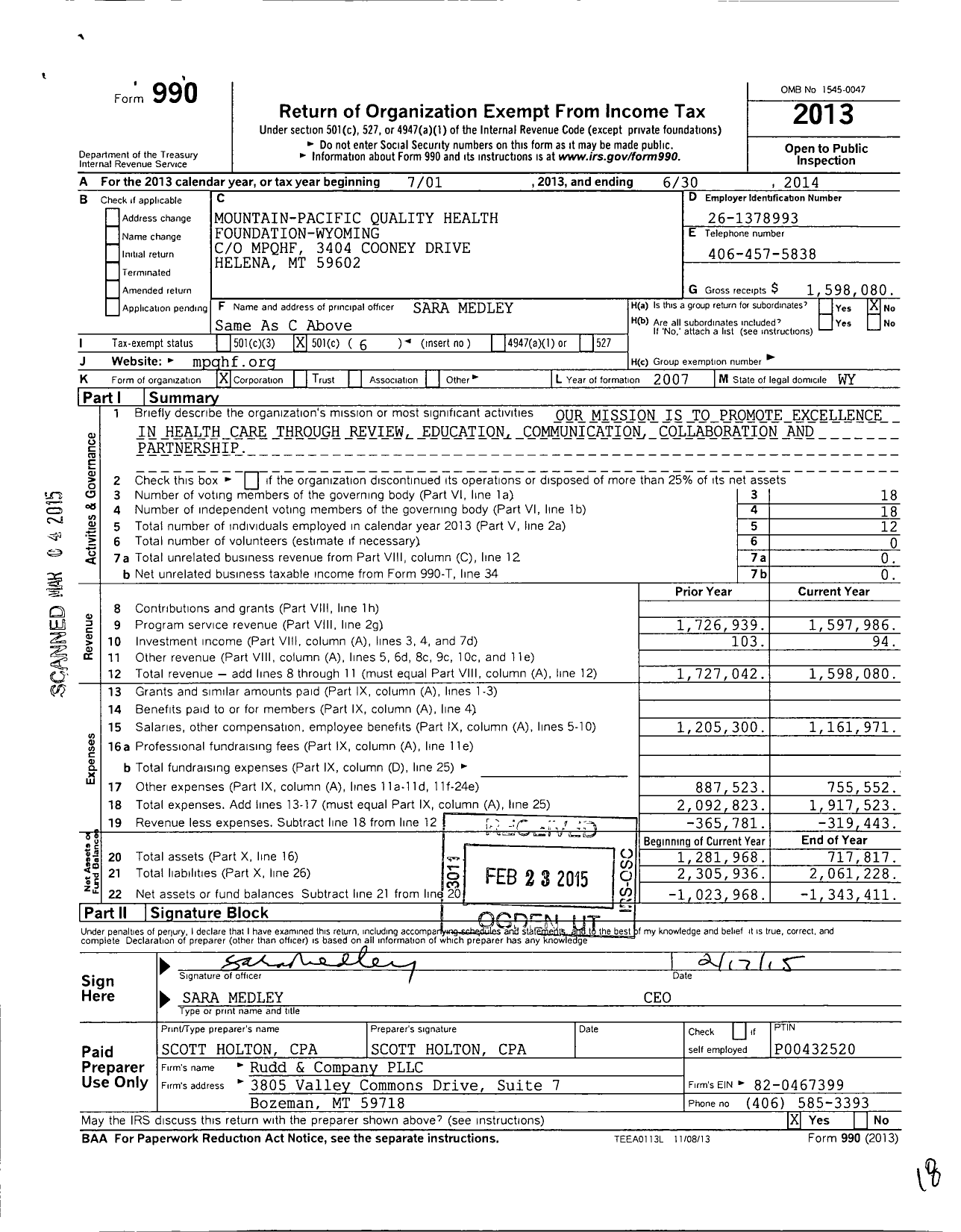 Image of first page of 2013 Form 990O for Mountain-Pacific Quality Health Foundation - Wyoming